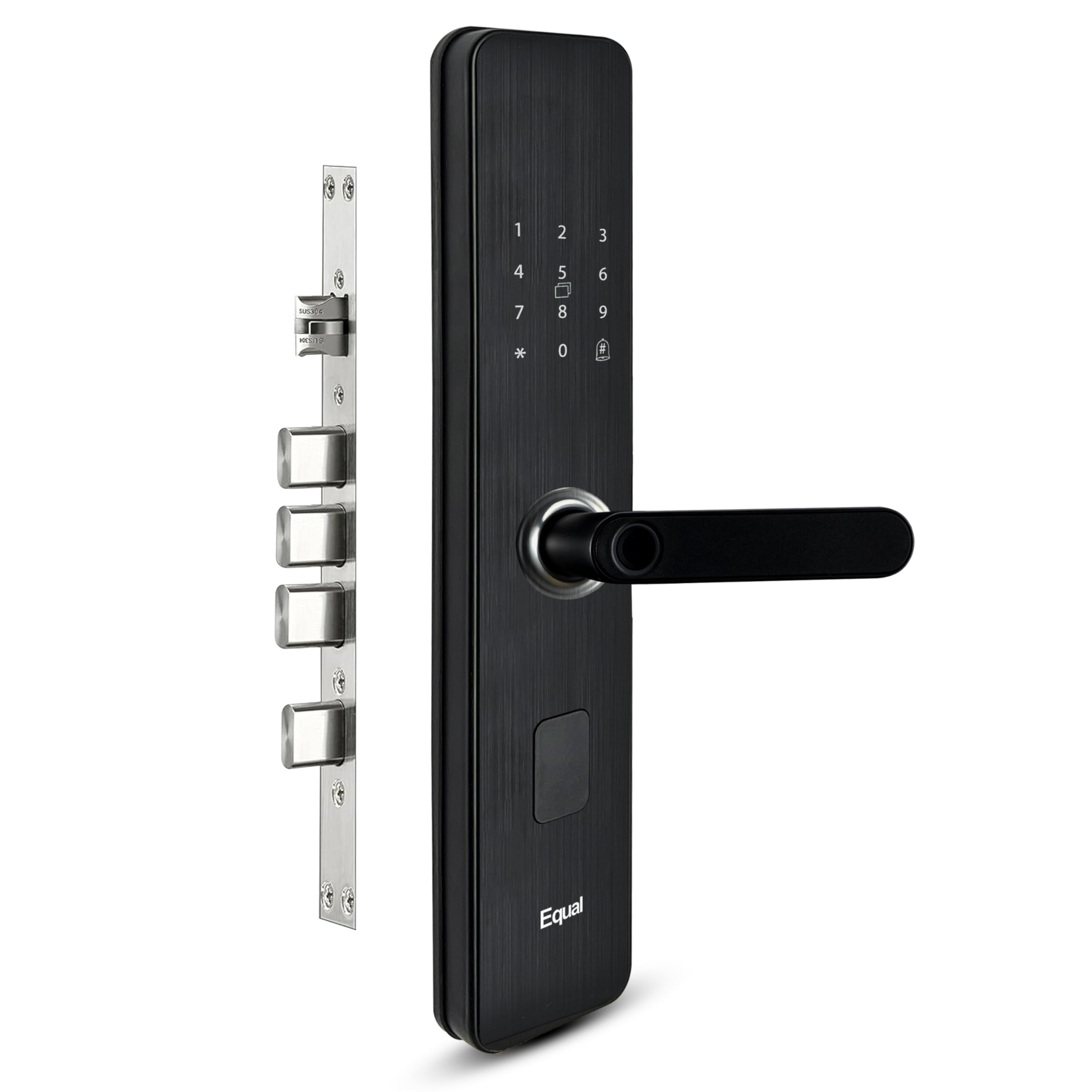 Equal Smart Door Lock A8 WiFi | 6-Way Unlocking | Fingerprint, Pincode, RFID Access Card, Mechanical Key, OTP Access, Mobile App (WiFi) for Wooden Doors | 1 Year Brand Warranty | Matte Black