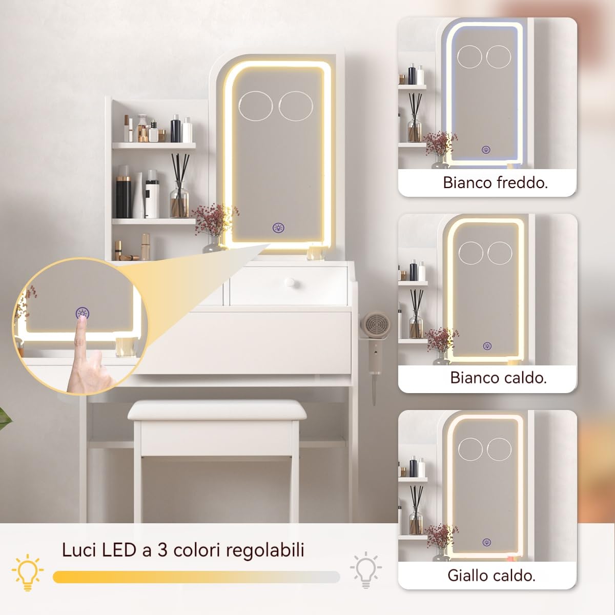 Toletta da Trucco con Specchio Toeletta con Illuminazione a LED 3 Cassetti e 3 Ripiani Specchio con Ingranditore 2x e 5x e Presa di Corrente Incorporata Toeletta per Camera da Letto Bianco
