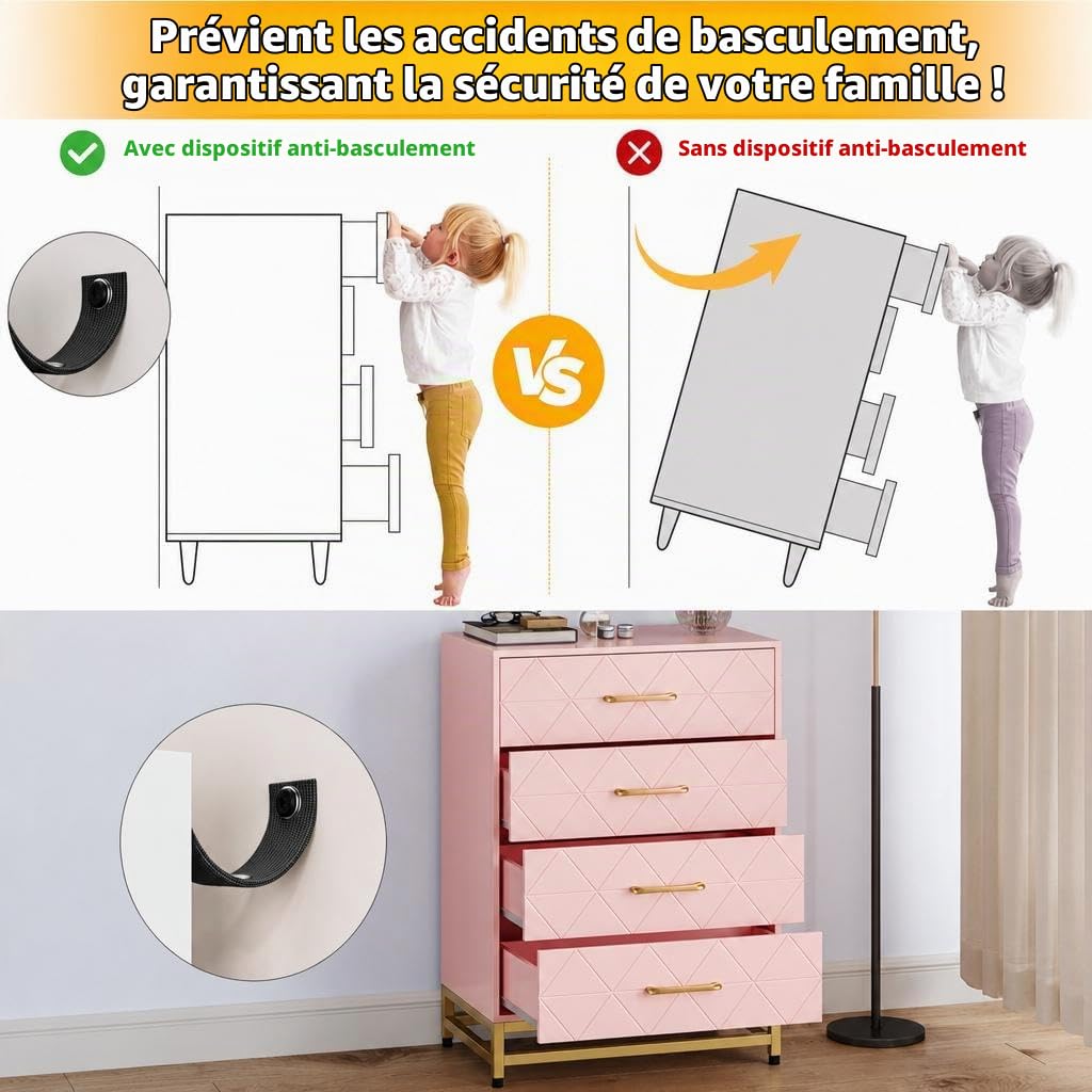 Garvee Commode à 4 Tiroirs pour Chambre, Commodes Modernes avec Tiroirs Larges et Poignées Métalliques, Commodes en Bois 61x40x93 cm (Rose)