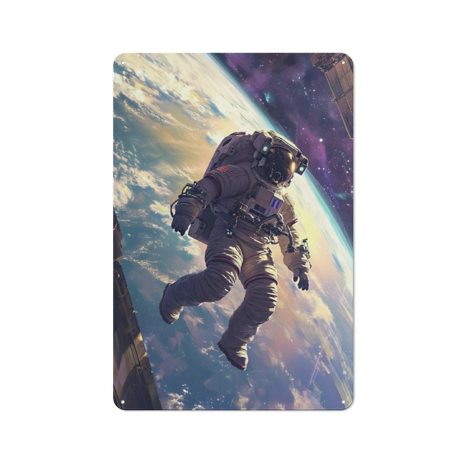 Junmoney Astronaut Earth Rustic Metal Wall Sign 30X20cm For Hobby Room Or Studio, For Vintage Wall Decor Fans, For Themed Room Decoration