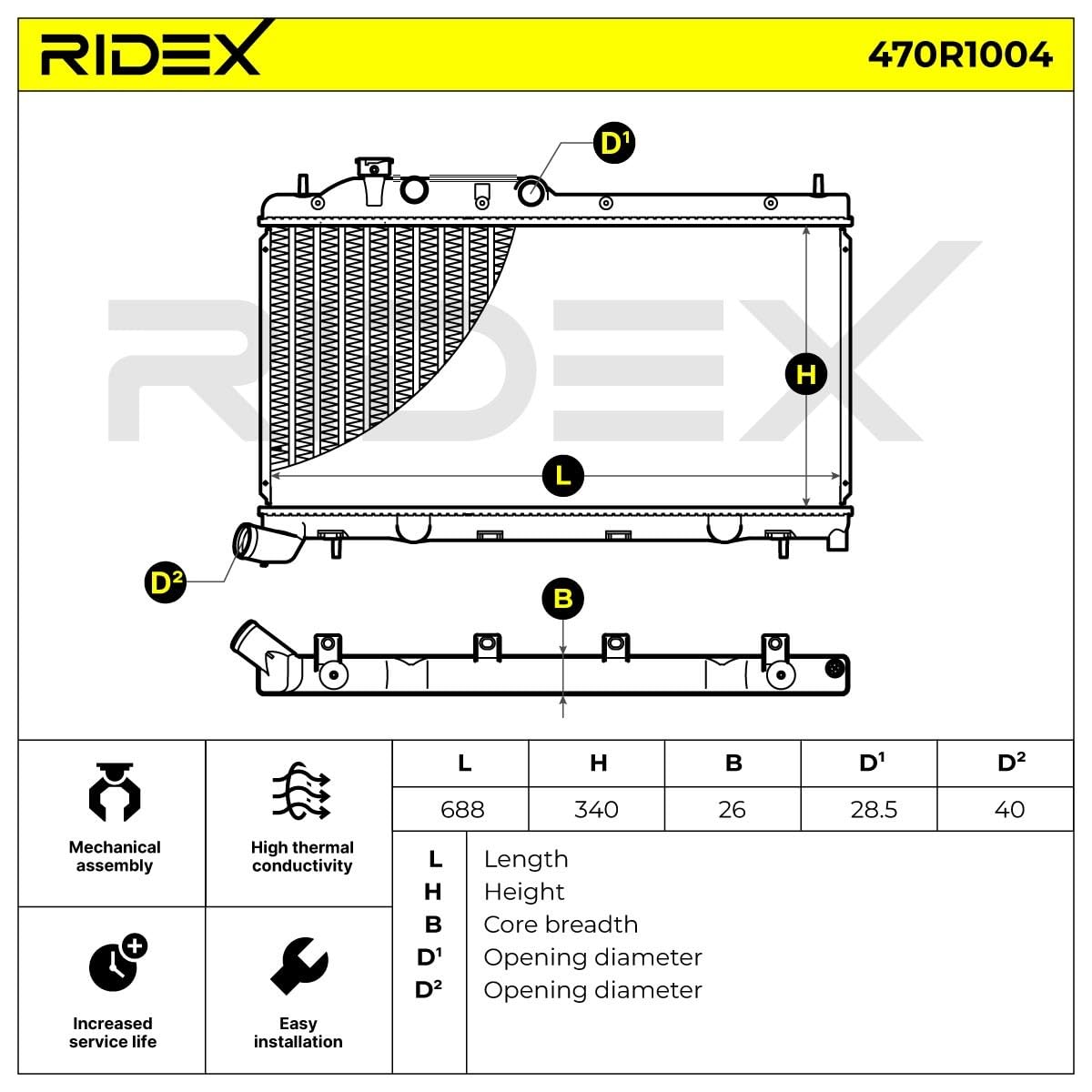 RIDEX 470R1004 Radiatore motore senza fascetta/staffa Compatibilità con SUBARU IMPREZA 2 volumi/Coda spiovente GR, GH, G3