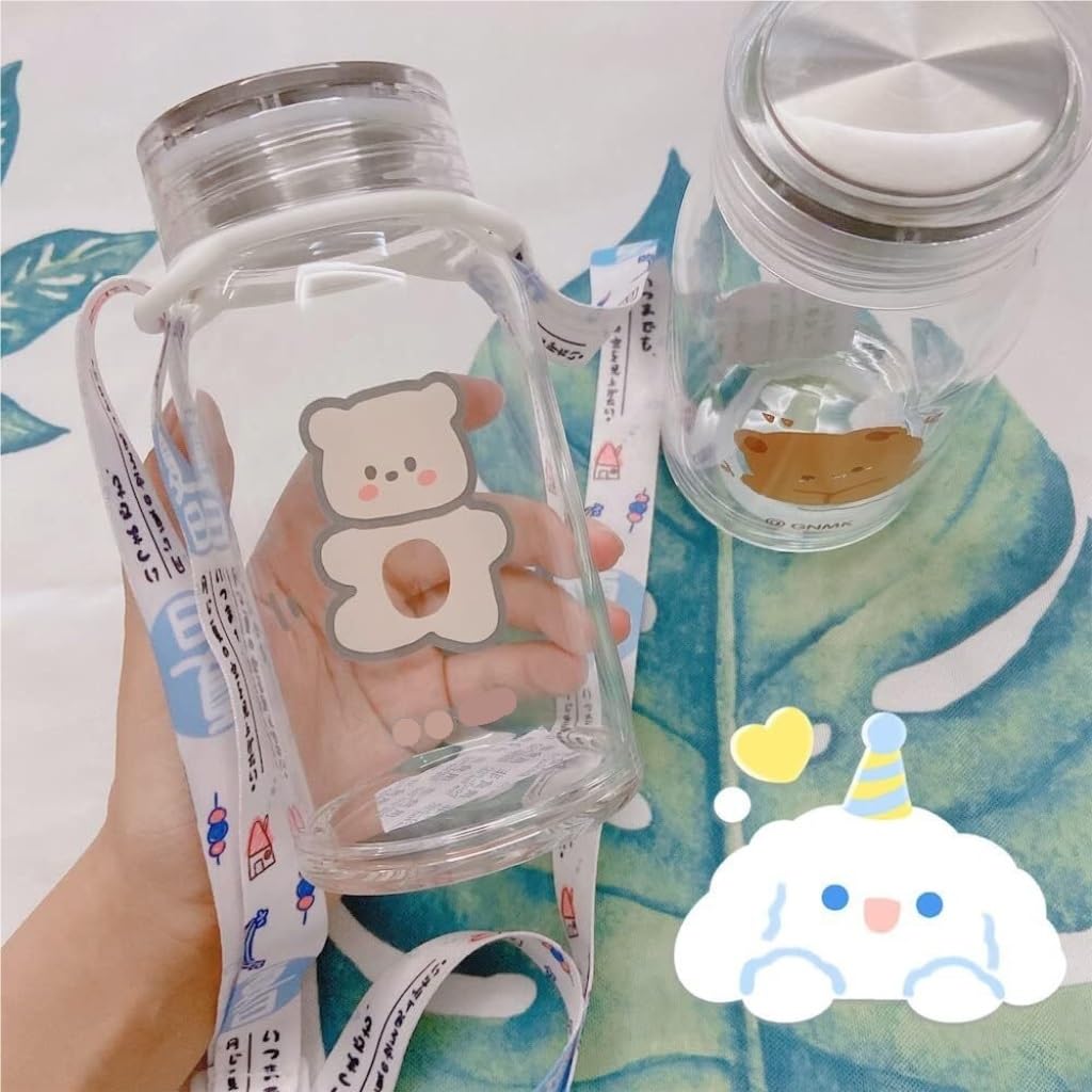Bicchiere d'Acqua in Vetro Trasparente con Cinturino in borosilicato Resistente al Calore, con Motivo a Orso Marrone, Scuola e Sport
