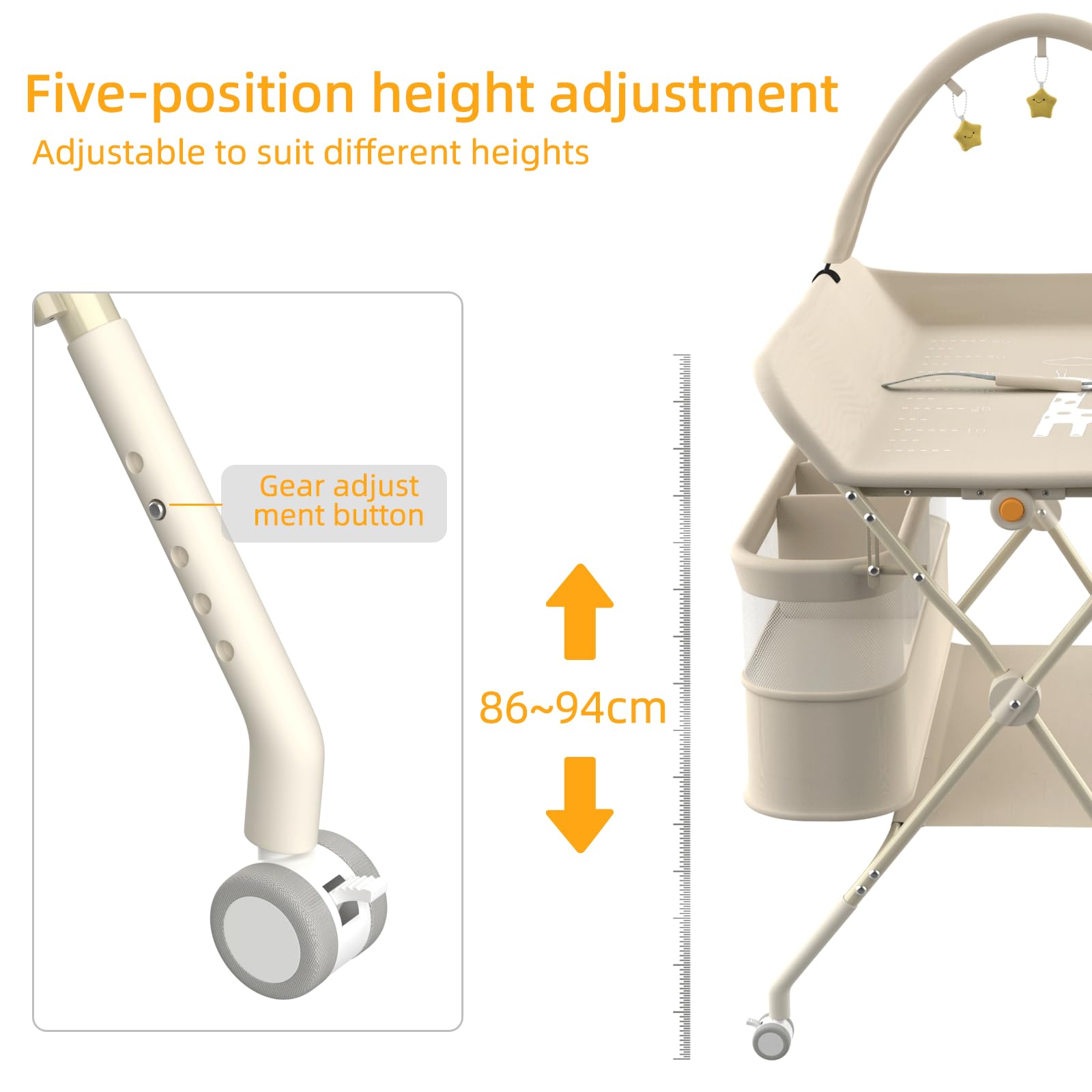 Fasciatoio Neonato Pieghevole Portatile Altezza Regolabile con Ruote Silenziose 360° Bloccabili Bianco Latte 75x68x83-91cm