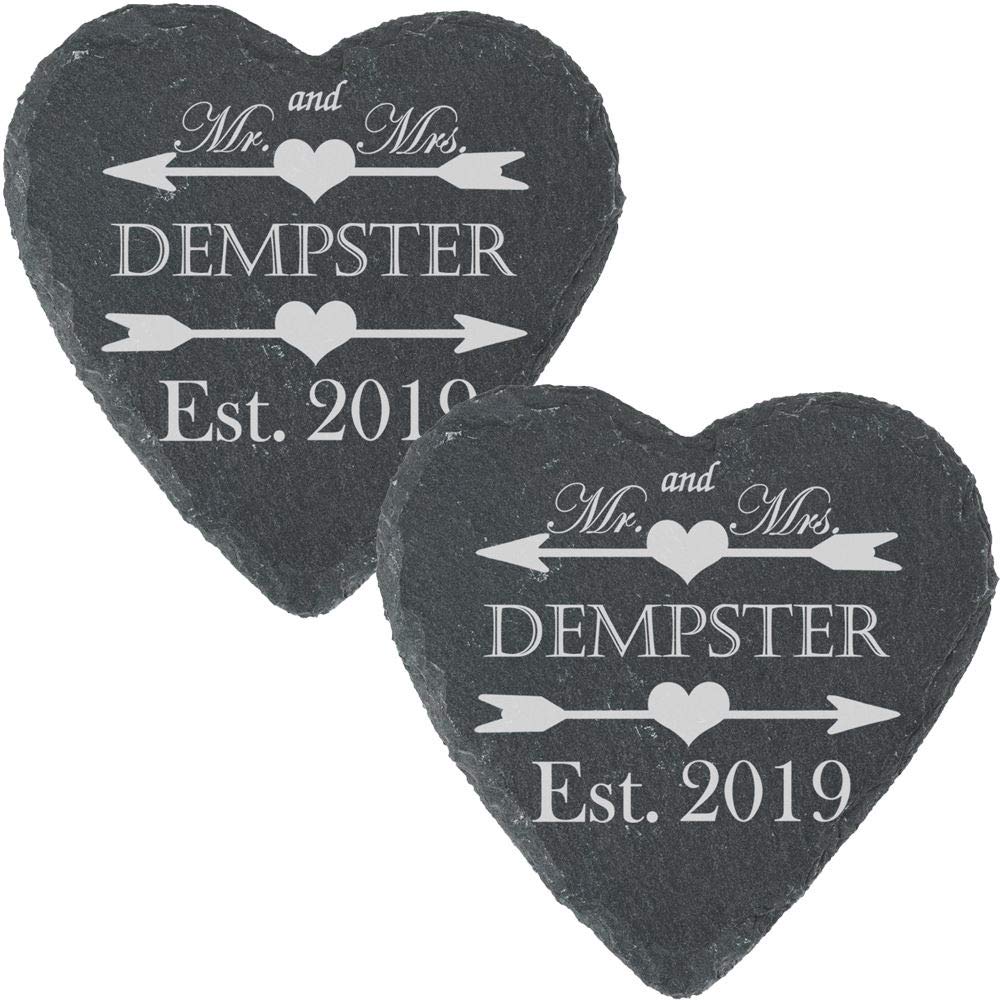 All Things Personalised Set Of 2 Personalised Engraved Heart Slate Wedding Coaster Mr&Mrs With Hearts And Arrows