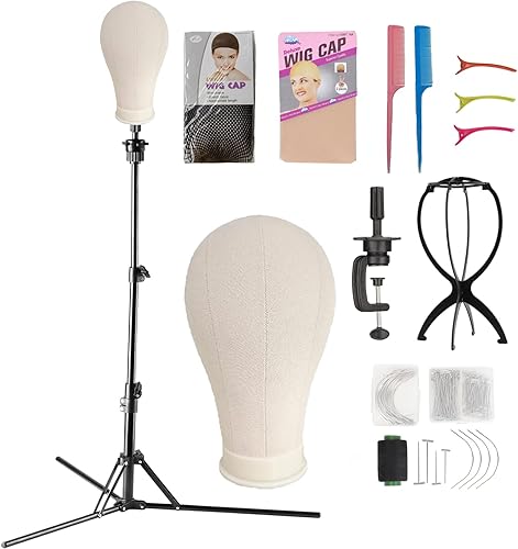 PECGMZJ Cabeza de peluca de 23 pulgadas con soporte, trípode de cabeza de maniquí de 63 pulgadas con cabeza de lona, soporte de cabeza de peluca con