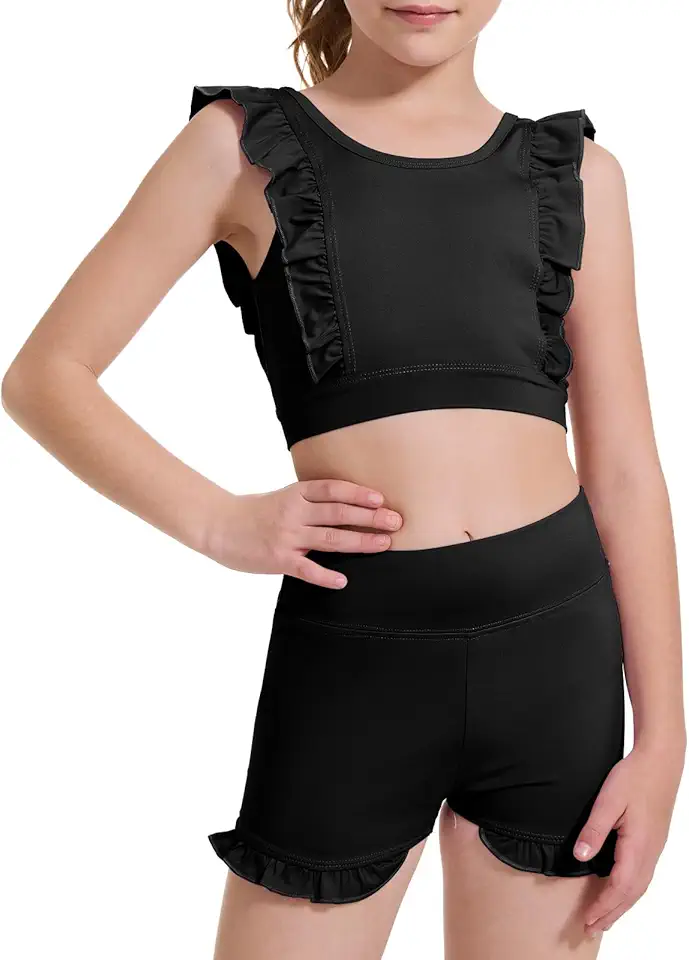 CharmWM Girls 2 Piece Outfits Athletic Ruffle Short Sets Training Bra Crop Tank with High Waisted Dance Shorts 3-10Years