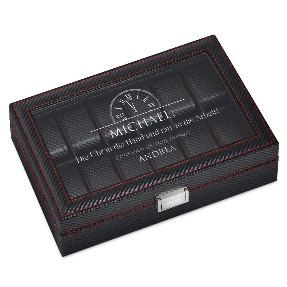 Maverton Uhrenbox mit Gravur für 12 Uhren - 33x21x8cm - Uhrenkasten aus Kunstleder - Schwarz - Geschenk für Männer - Uhr