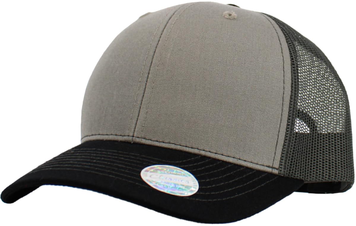 KBETHOS® Classic 6 Panel Cotton Twill Mesh Trucker Cap with Adjustable Snapback, LGY-BLK-DGY