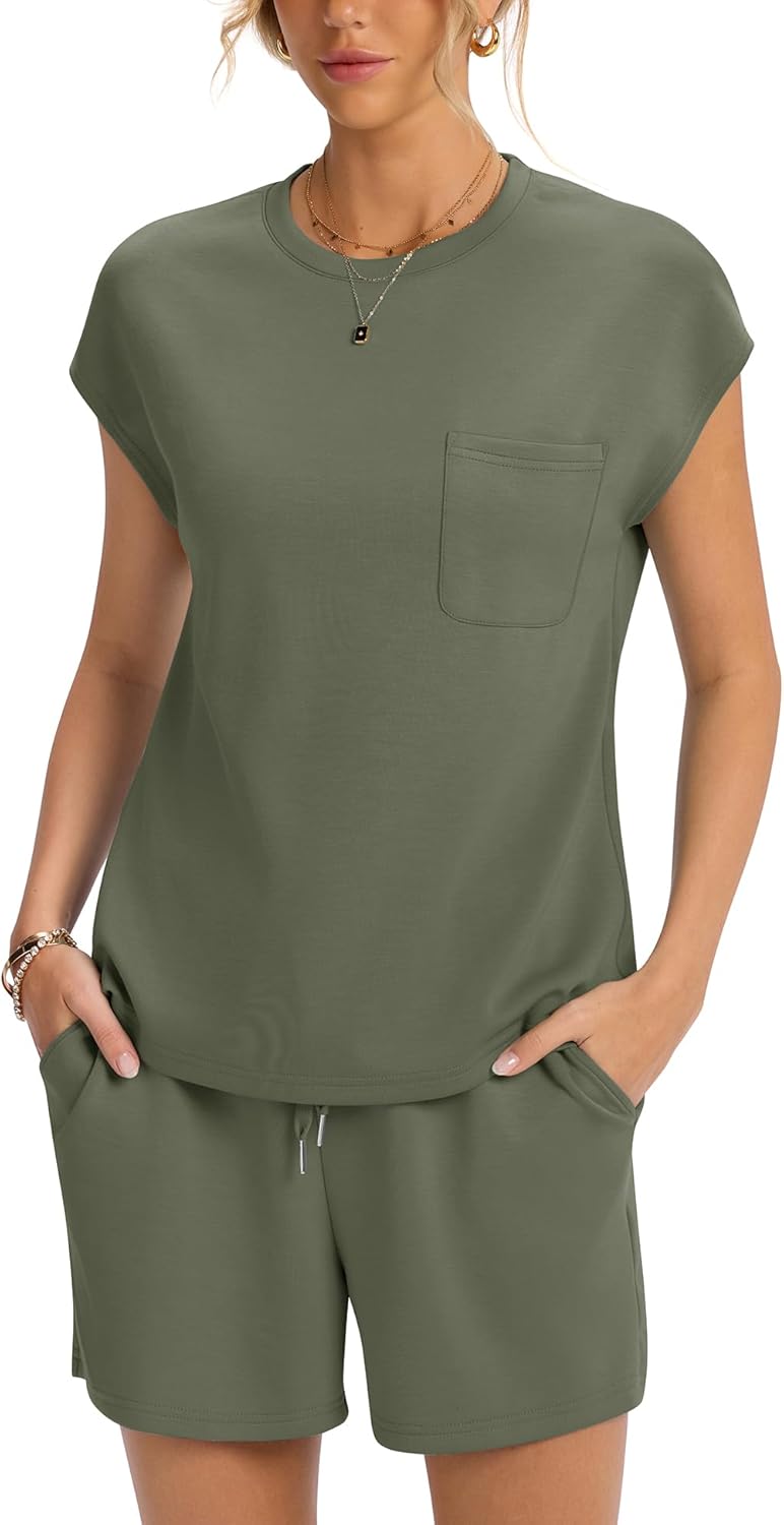 LOMON Two Piece Shorts Sets for Women Vacation Trendy Lounge Sets Crew Neck Matching Sets Cap Sleeve Airport Suits - Image 3