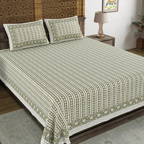 Image of BLOCKS OF INDIA Hand Block Printed 200 TC Cotton Super King Size Bedsheet (Green LINE)