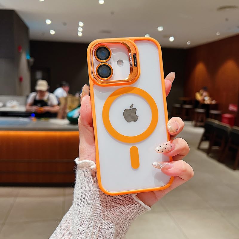 Image of LuxuryKase Clear Case Compatible with MagSafe for iPhone 17 | Shockproof Transparent Cover with Camera Lens Protection | Metal Ring Stand & Wireless Charging Support - Orange