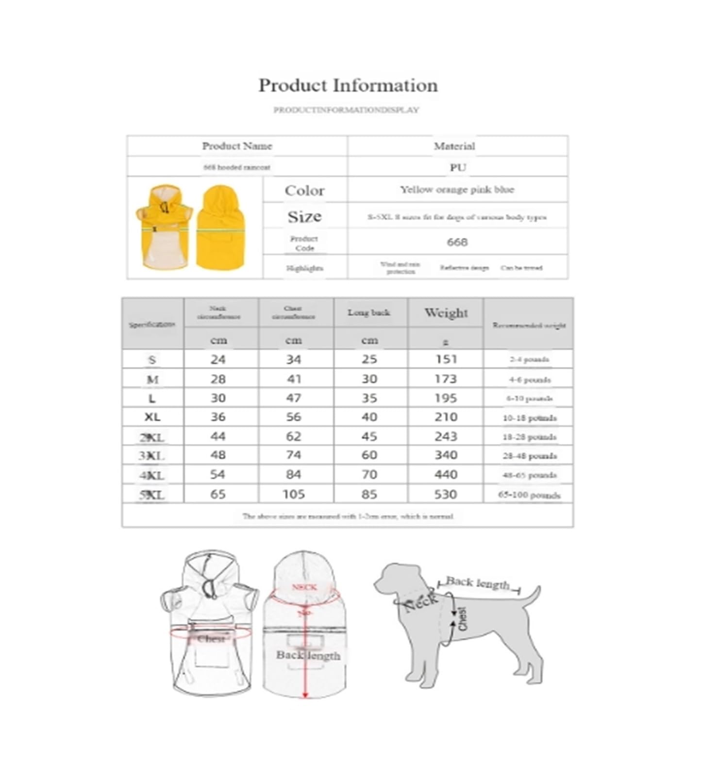 Manteau de pluie imperméable et réfléchissant pour chien de petite, moyenne et grande taille, manteau coupe-vent en polyuréthane (jaune, taille S)
