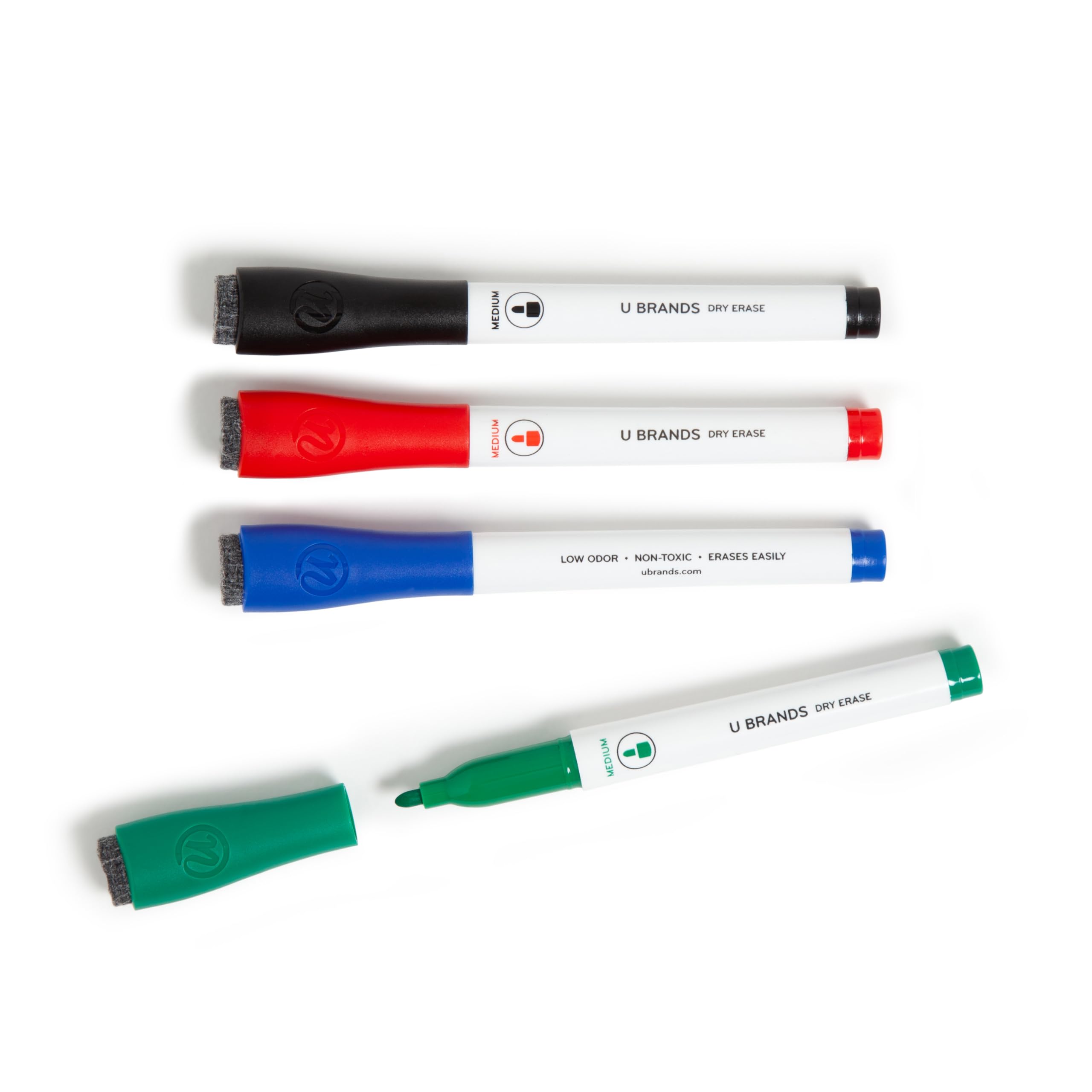 U Brands Fine Tip Dry Erase Markers with Eraser, Low Odor Whiteboard Markers Fine Tip, Assorted Colors, Set of 4