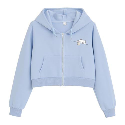 Wrenpies Cute Cropped Zip Up Hoodie for Teen Girls Cartoon Cat Graphic Kawaii Aesthetic Pockets Hooded Sweatshirts Jackets