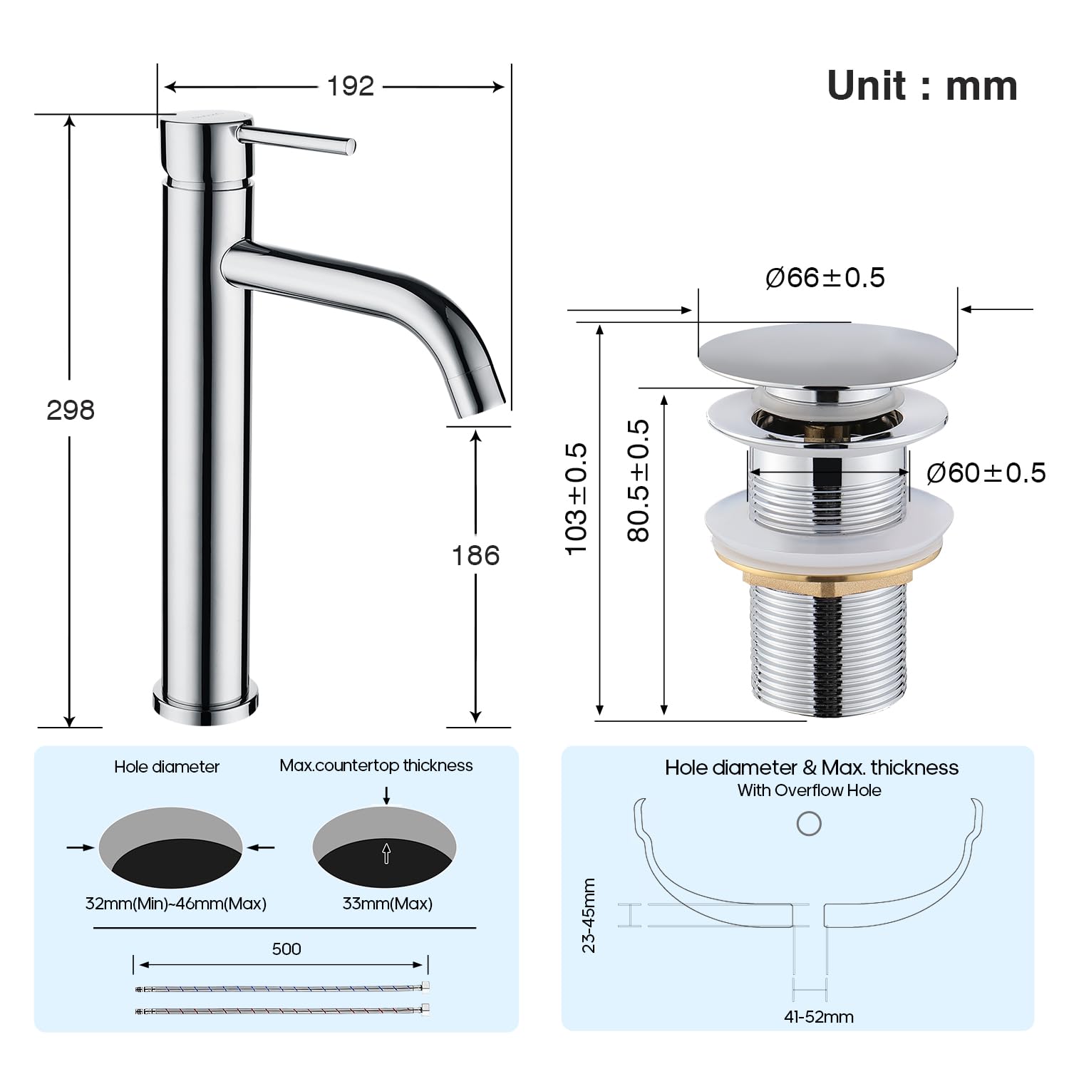 Decaura Grifo de baño alto con desagüe G1' 1/4 pop-up | Grifo alto para lavabo con desagüe push open, juego cromado