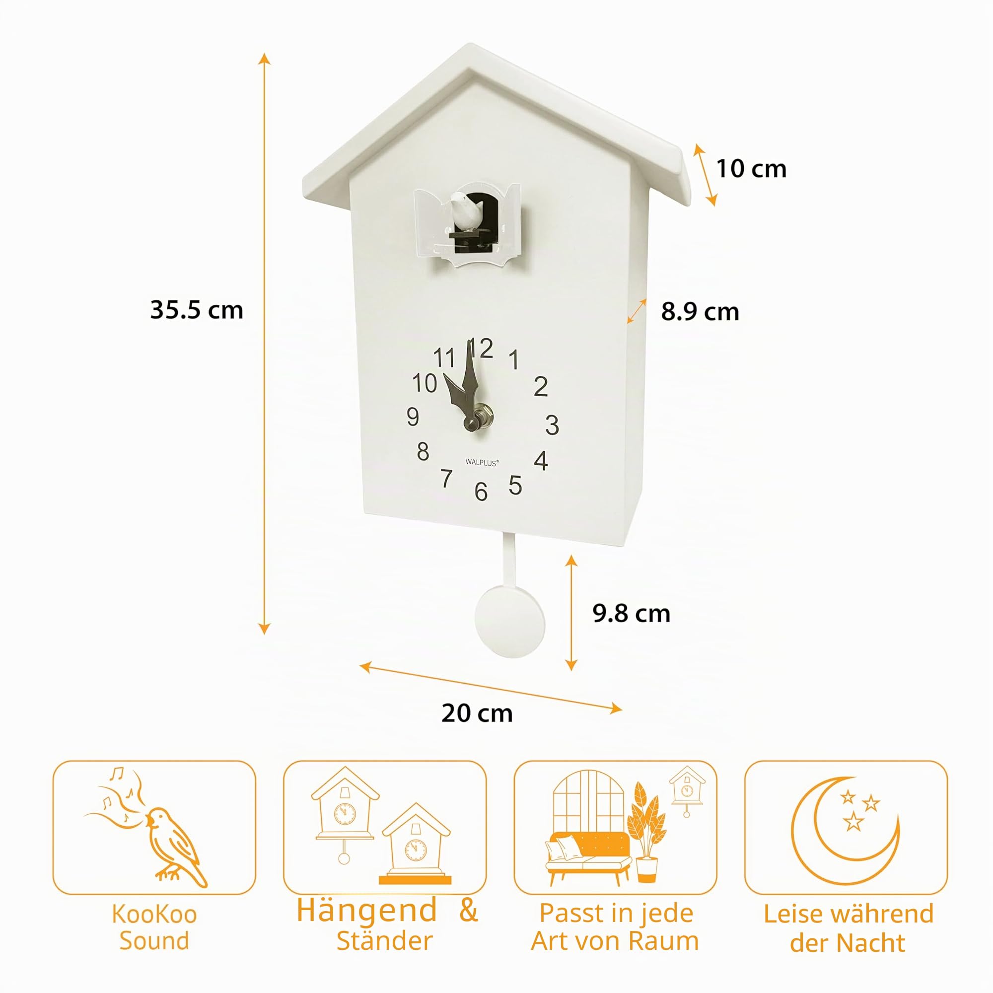 WALPLUS elegante weiße Kuckucksuhr, modern, Vogelgesang, verstellbar, Schweizer Kuckucksuhr, batteriebetrieben, für Haus, Wohnzimmer, Büro