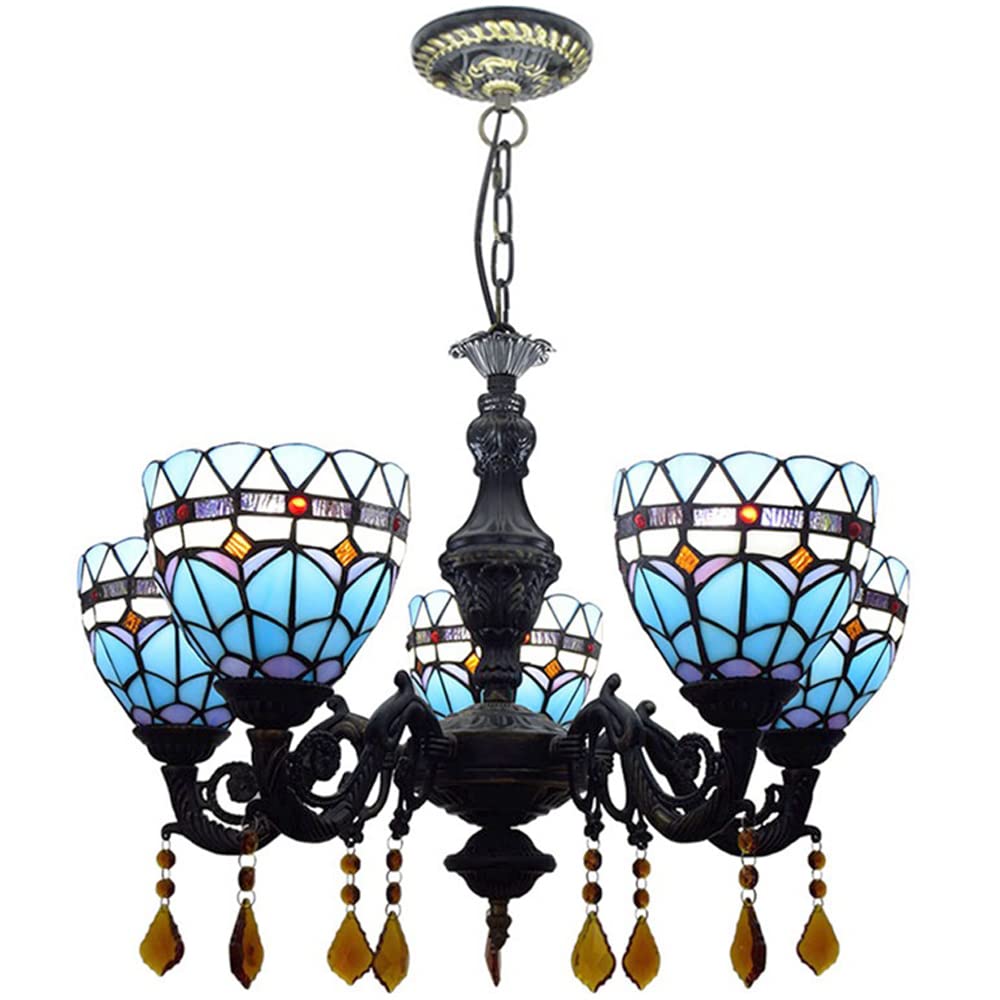 FYZDLAOR Blue Mediterranean 5-Light Chandelier,Adjustable Pendant Light Light Fixtures,Tiffanystyle Stained Glass Hanging Light Wide 24 Inch with Crystal Pendant