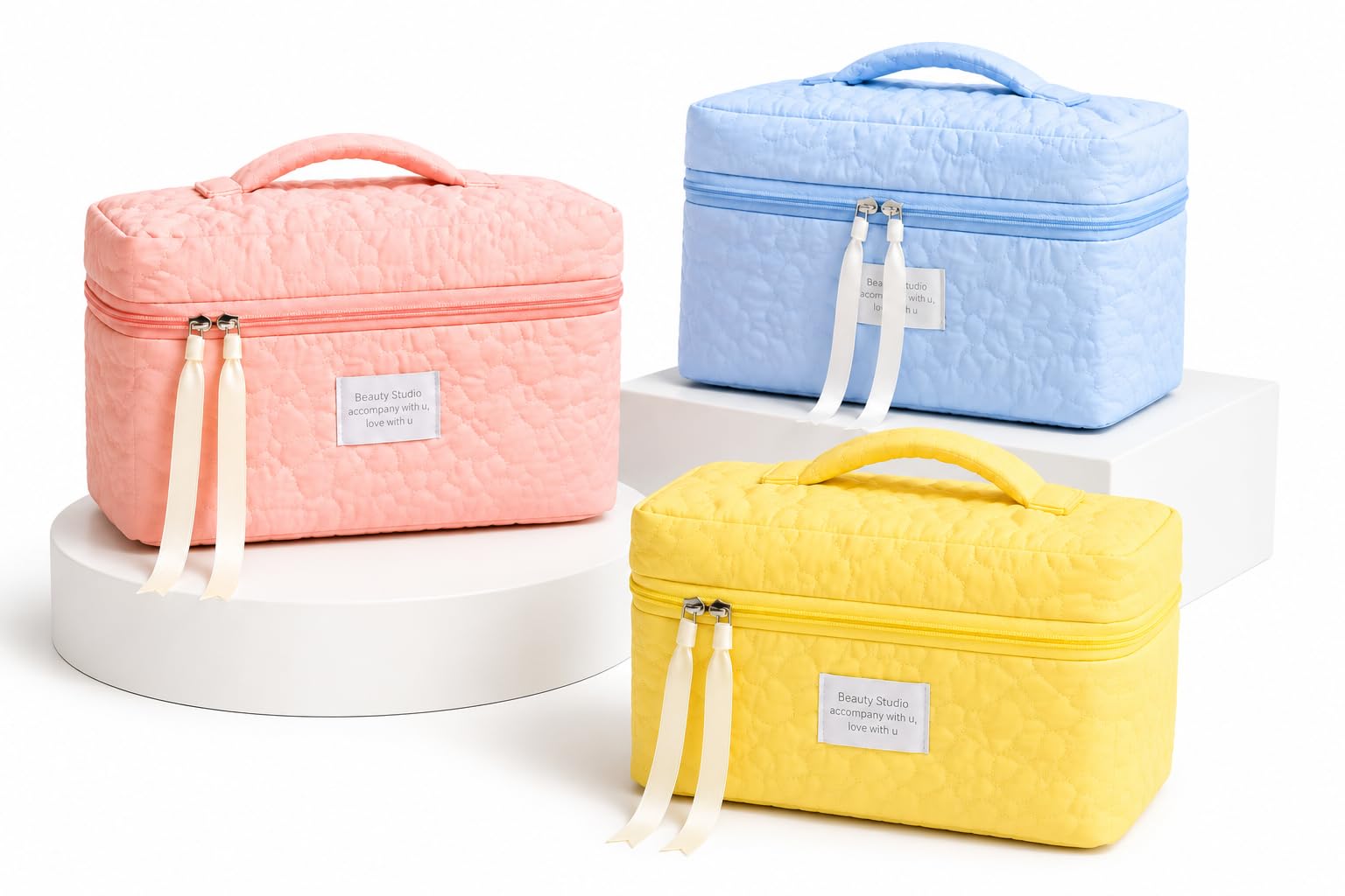 Makeup Bag Set for Women, Multicolor, Pack of 3 | Cotton Quilted, Cosmetic Pouch with Zipper, Medium Toiletry Organizer, Travel Kit for Skincare Hair Accessories-image-42