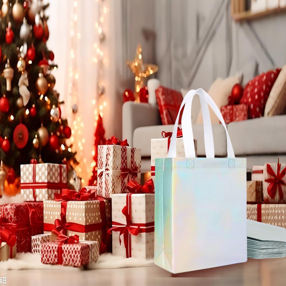 DELICAT 15 Pcs Iridescent Glossy Gift Bags with Handles 8x4x10 Inch，Holographic Reusable Gift Bags Medium Size & Sturdy Base, Holiday Goodie Bag suitable for Birthday，Party Favors，Wedding，Baby Shower
