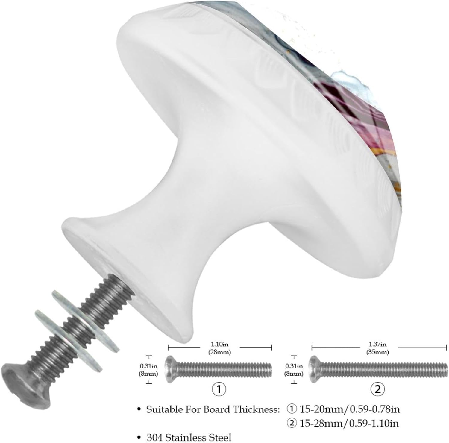 Colored Marble (1) Printed Drawer Knobs, Round Cabinet Knobs with Long & Short Screws, ABS Glass Hardware for Kitchen Bedroom Dresser Cupboard