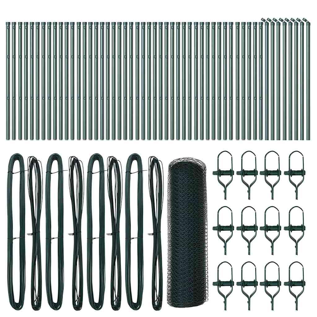 Green Steel PVC Fence Post 100 x 0.4 m 25 mm Mesh Outdoor Garden Security Barrier Kit 52 Posts for Pet Enclosure Terrace Yard Sturdy Weather Resistant