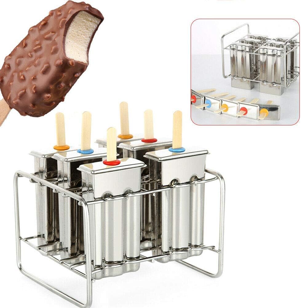 Stainless Steel Ice Lolly Popsicle Molds Kitï¼ŒStainless Steel Molds Mold Ice Pop Lolly Popsicle Ice Cream Stick Holder + Cleaning Brush,6 PCS 85g