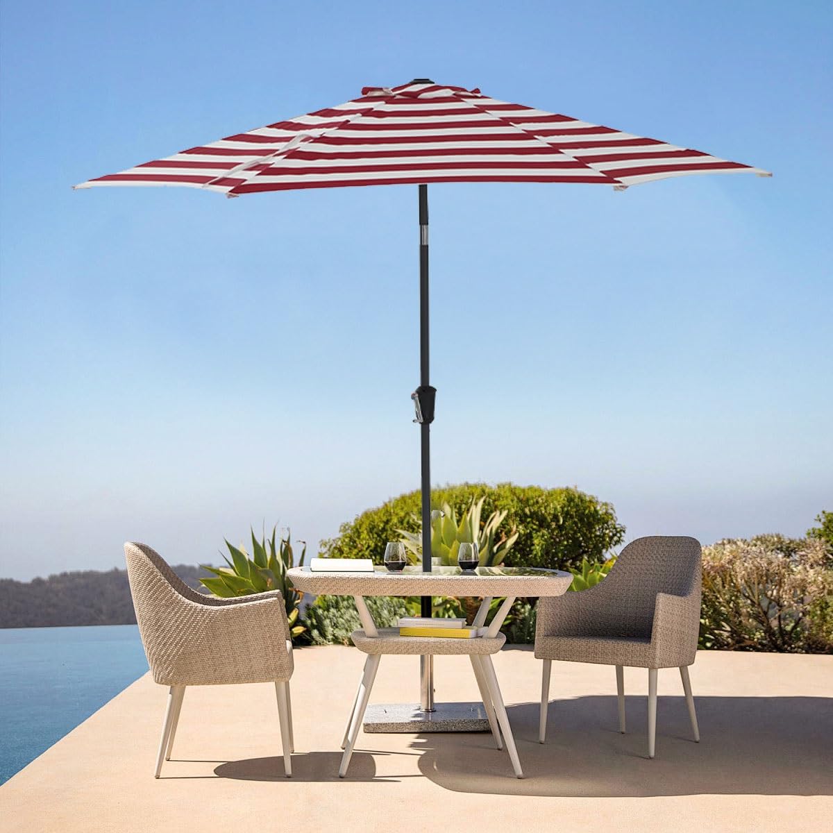 Parasol ogrodowy, 265 cm Parasol stołowy na zewnątrz z pochyleniem i korbą, czerwono-białe paski, ochrona przed promieniowaniem UV Parasol ogrodowy na taras, basen, podwórko