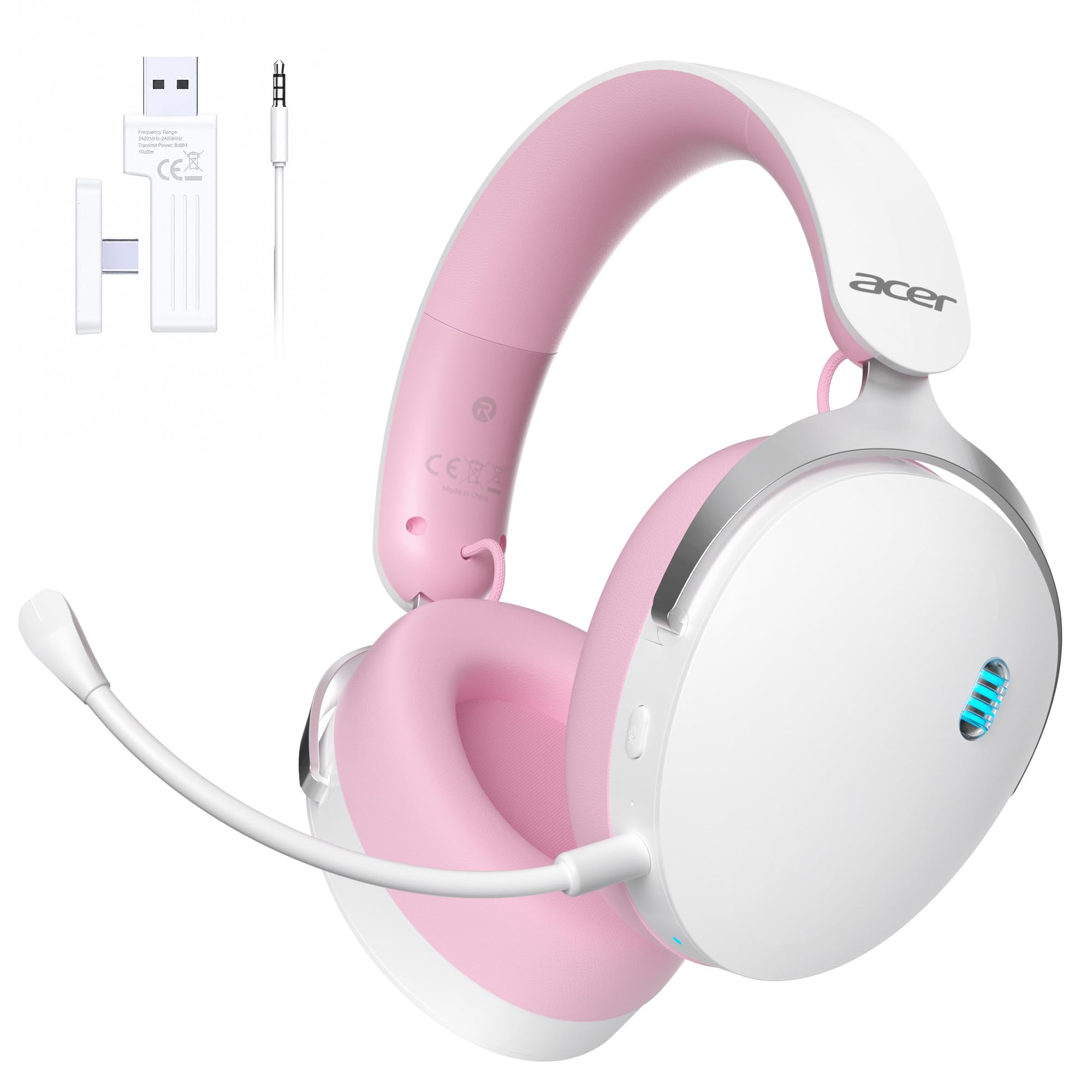 Acer Cuffie da gioco wireless da 2,4 GHz per PS5, PS4, PC, Switch, cuffie da gioco tri-mode con microfono a cancellazione del rumore, suono stereo, batteria 40+ore, driver da 50 mm - rosa-bianco
