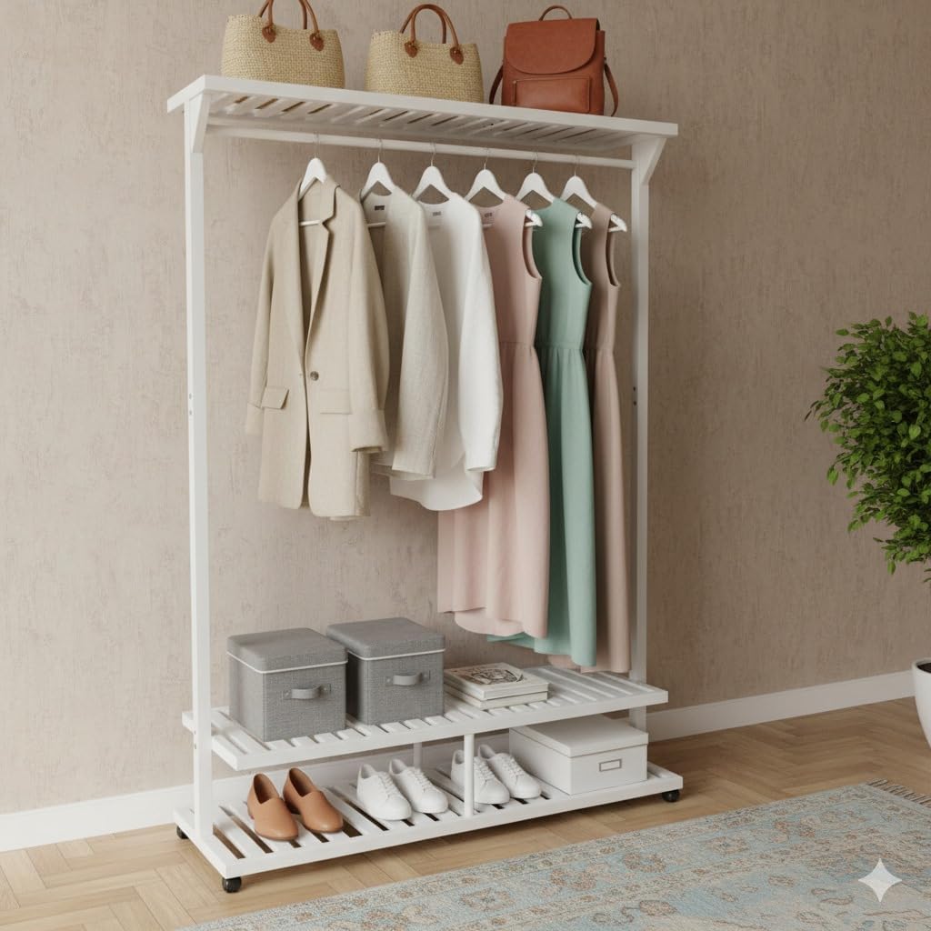 Bamboo Clothing Rack with Wheels, 2-Tier Storage Shelves, Mobile Garment Rack, Natural Wood Free Standing Clothes Stand for Bedroom, Entryway, Small Spaces - Minimalist Design (White)