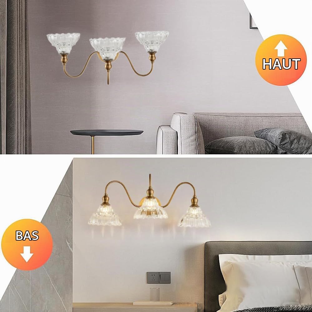 XINYASEE Applique d'intérieur avec abat-jour en verre vintage G9 Applique de salle de bain avec double et triple têtes pour salon chambre à coucher cuisine vanity (noir, or) (Or-3)