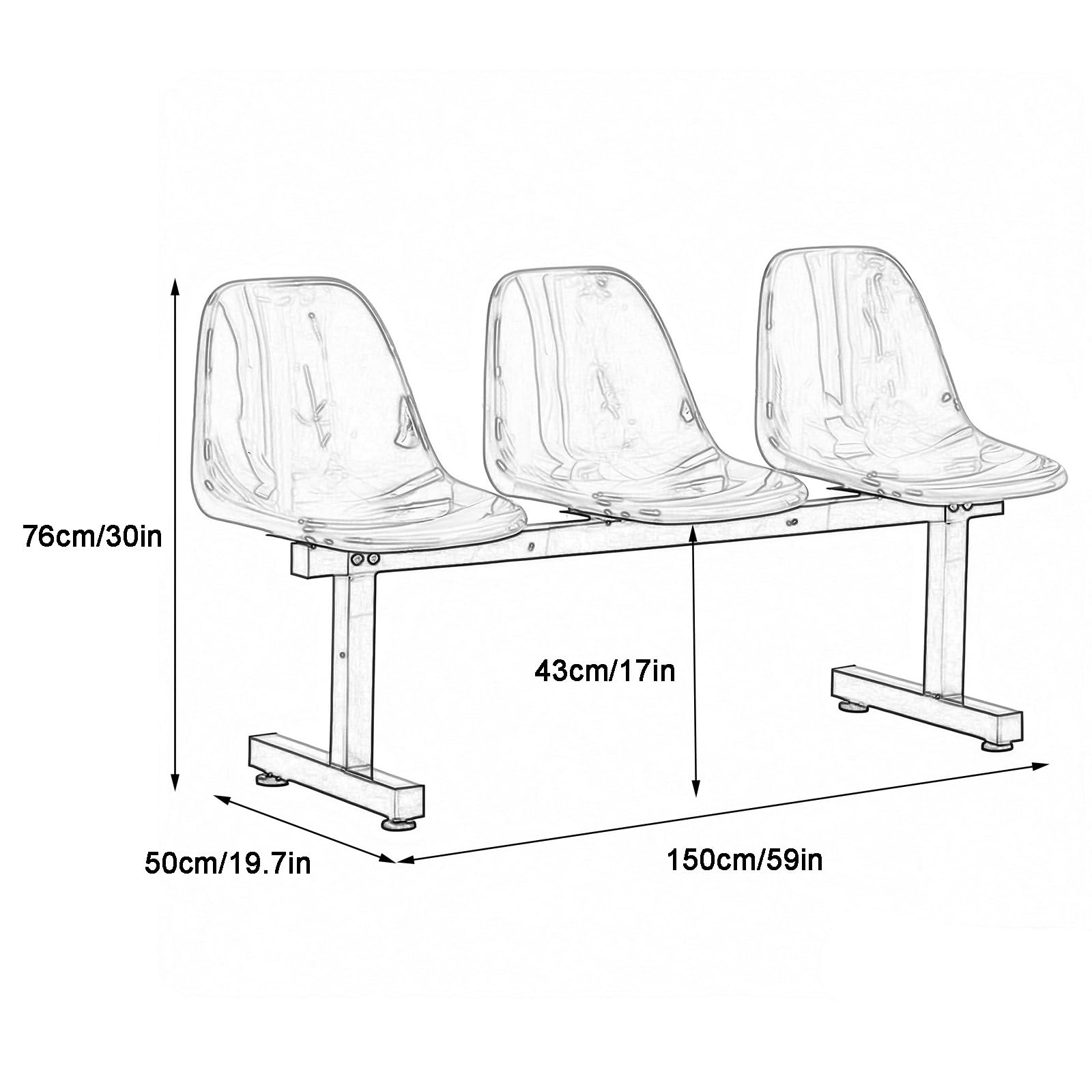 Banc de Salle D'attente 3 Places, Banc avec Structure Métallique en Plastique, Chaises sur Poutre pour Salle D'attente, Aéroports, Hôpitaux, Stades, Banques(Black)
