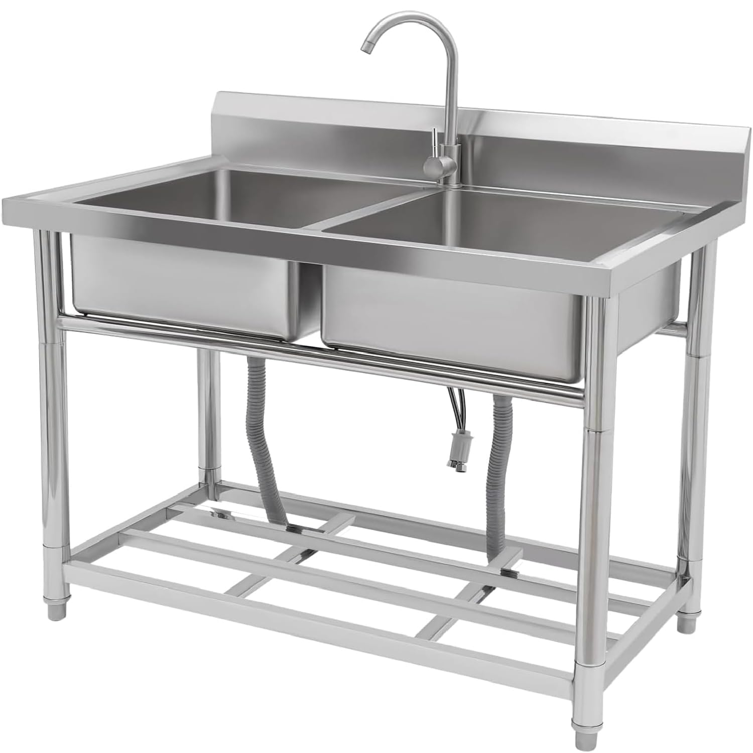 Garvee 39" Commercial Double Bowl Stainless Steel Utility Sink with Faucet &amp; Storage Shelf, Freestanding Prep &amp; Laundry Sink for Kitchen, Garage, Restaurant &amp; Outdoor Use