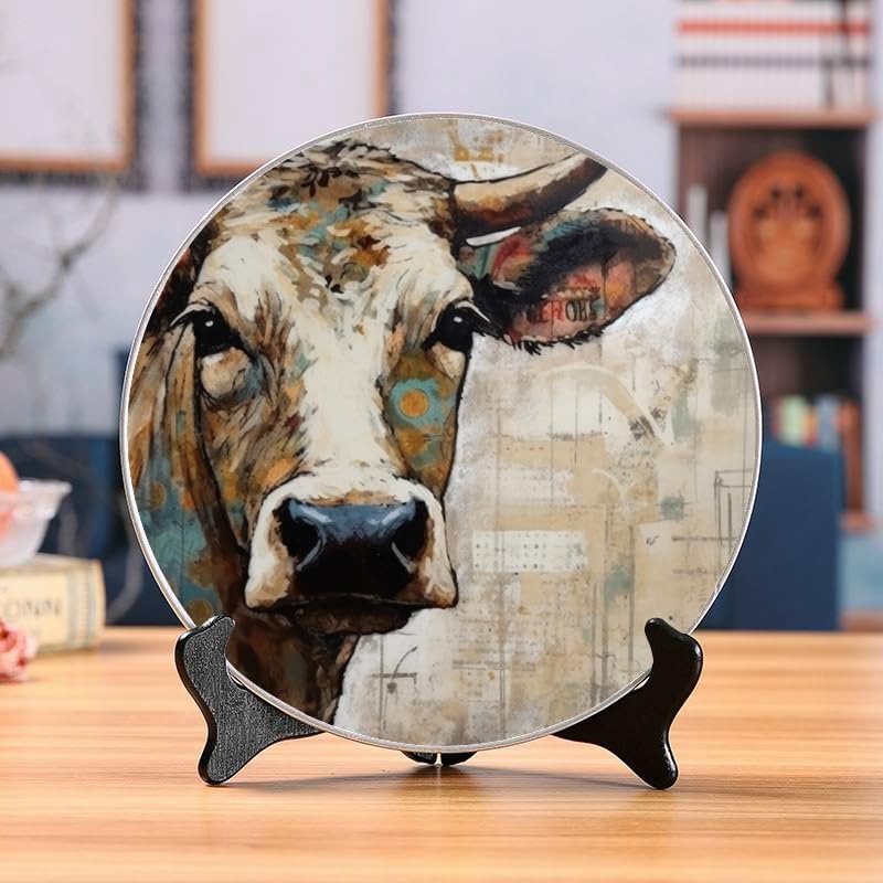 Cow Pattern 10-inch Ceramic Plate for Wall Display or Tabletop, with Stand & Hook DP-827920924