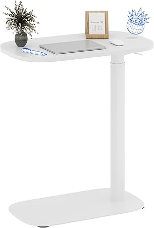 FLEXISPOT Adjustable C Table with Wheels, Mobile Snack Side End Table Sofa Couch Bedside Table Laptop Cart TV Tray Night Stand Small Space Side Table(23.6" W x 13.8" D,White)