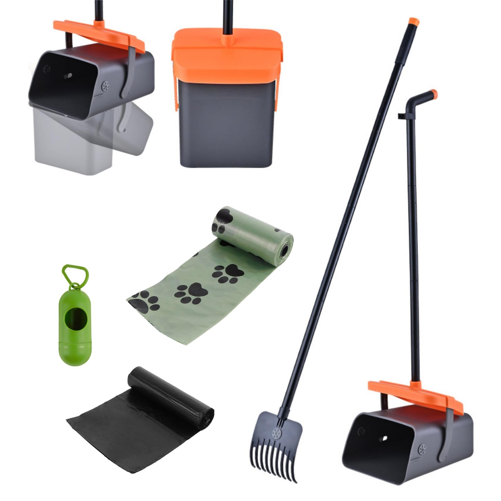 Dog Poop Scooper Swivel Bin & Rake Kit - 117cm Adjustable Lightweight Aluminum Handle with 35 Waste Bags, Odor-Free & Detachable for Easy Cleaning of Pet Waste and Leaves on Grass, Dirt, Gravel