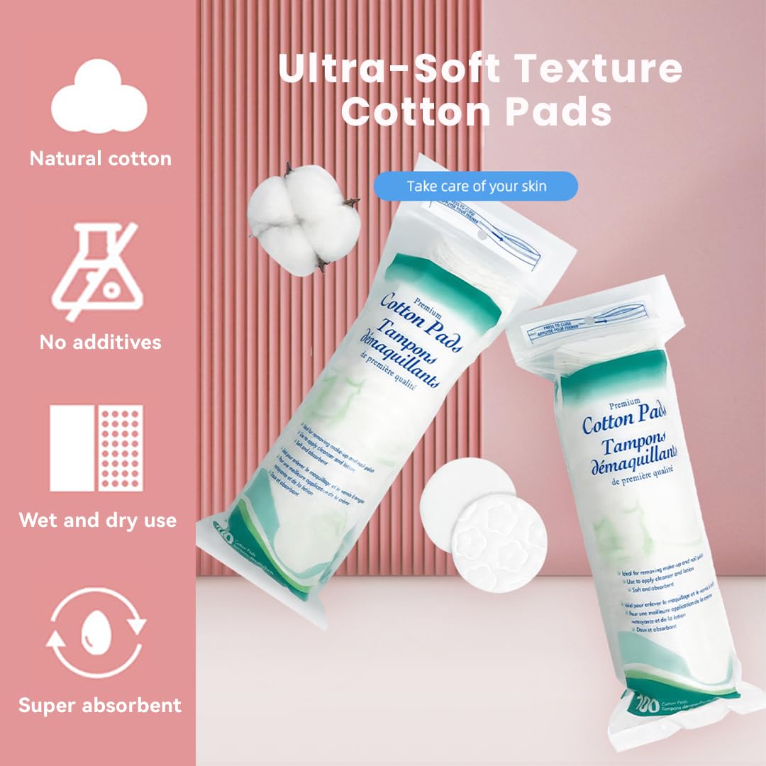 Premium Cotton Rounds (200 Count) - Ultra-Soft Cotton Pads for Face, Makeup Removal, Facial Cleansing, and Nail Polish Removal, Hypoallergenic, Lint-Free