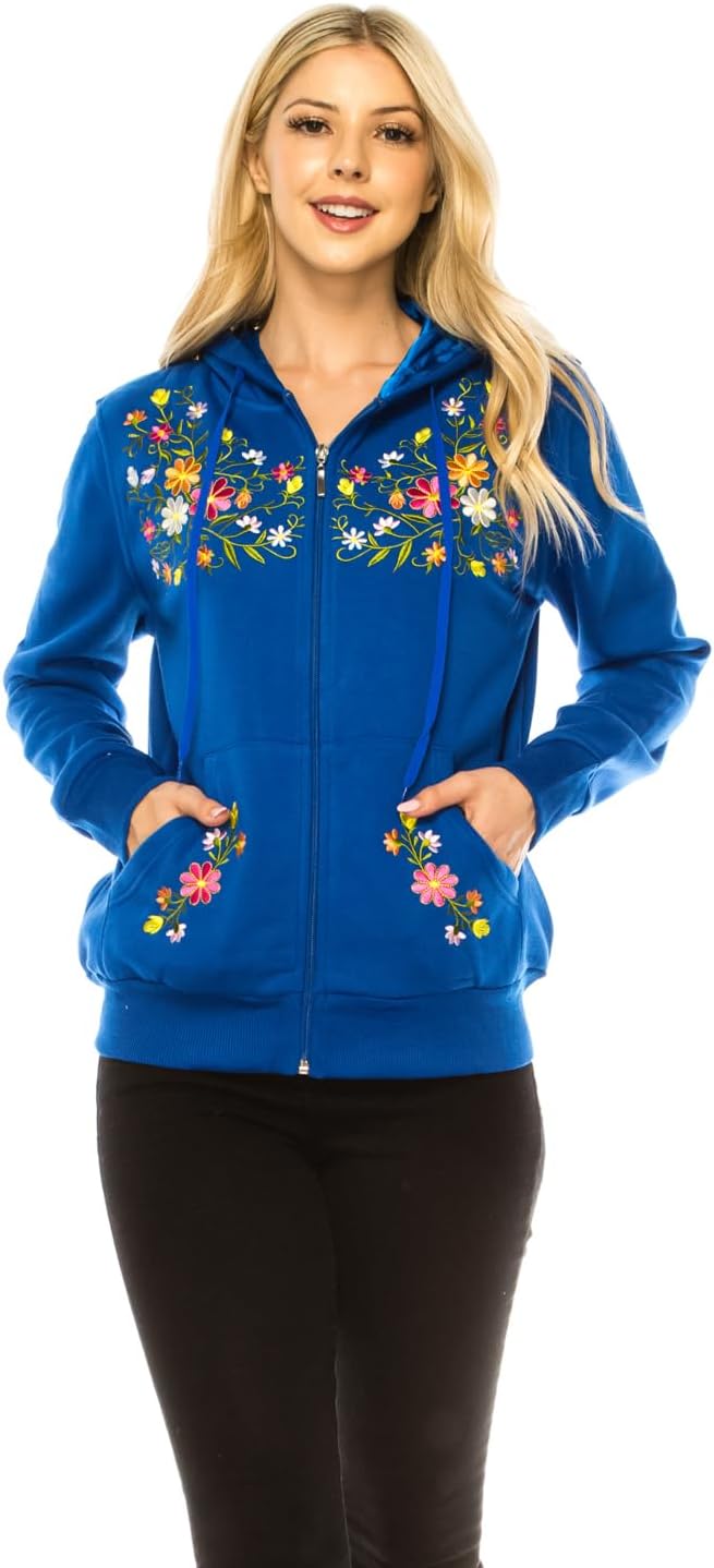 unik Women's Premium Quality Fleece Flower Embroidered, Soft Zip-up Satin Lined Hoodie with Kangaroo Pockets - Image 3