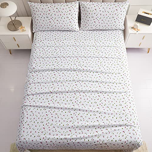 Image of Mooreeke King Sheets Set - 4 Pieces Soft Breathable Polyester Bed Sheet Set - Pink Flower Green Leaf Pattern Sheet Set - Deep Pocket Non-Slip Floral Printed Fitted Sheet Included for All Season
