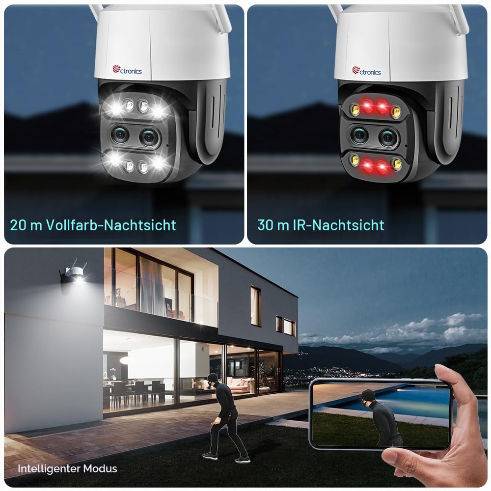 Ctronics 6X Hybrid-Zoom Überwachungskamera Aussen mit Dual-Objektiv