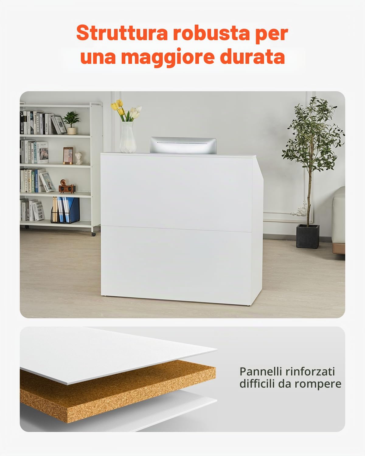 VEVOR Banco Reception 1180 x 500 x 1115 mm Tavolo da Banco Rettangolare, Tavolo di Vendita per Ufficio, Reception per Ufficio, per Cassa, Hall, Salone di Bellezza, Facile da Installare, Bianco