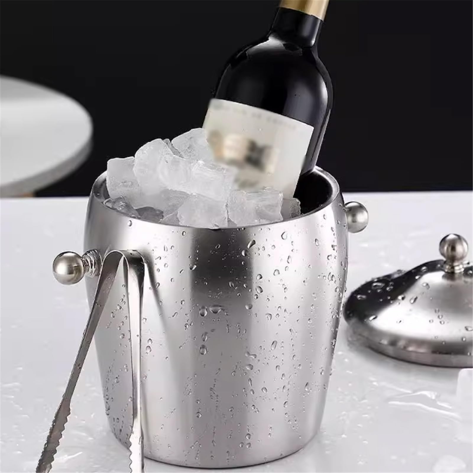 Cubitera Hielo Cubo de hielo acero inoxidable 2 litros con asa doble capa Ice Cube Maker(Silver)