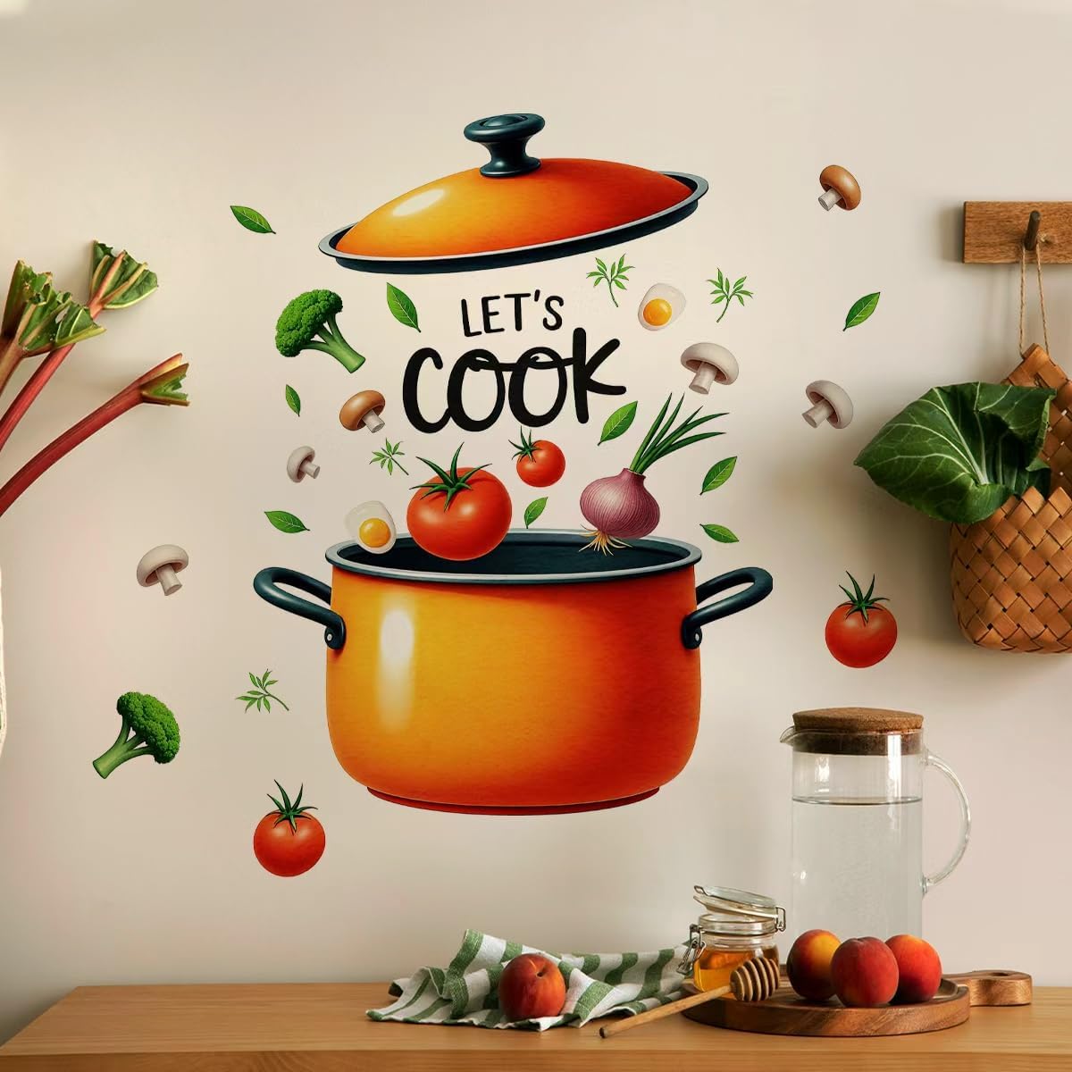 Let’s Cook Wall Decal - Cookware and Food Sign Wall Stickers Decals Removable Vinyl Peel and Stick for Kitchen Dining Restaurant Baking Room Home Decor (Let's Cook)