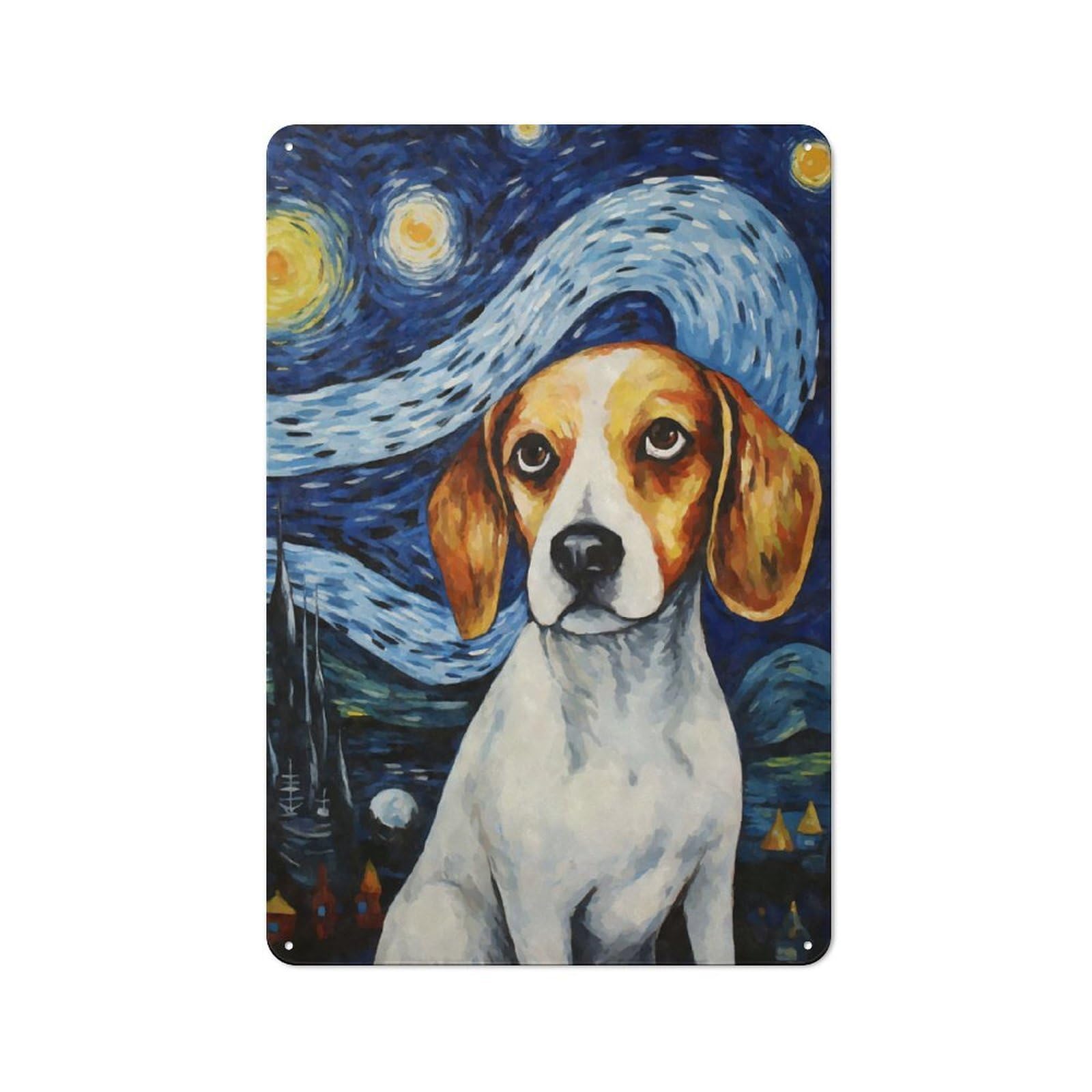 Junmoney Style-4 Tin Wall Plaque 30X20cm With Beagle Dog Starry Night For Hallway Wall, Suited To Wall Displays In Hallways And Entrance Areas