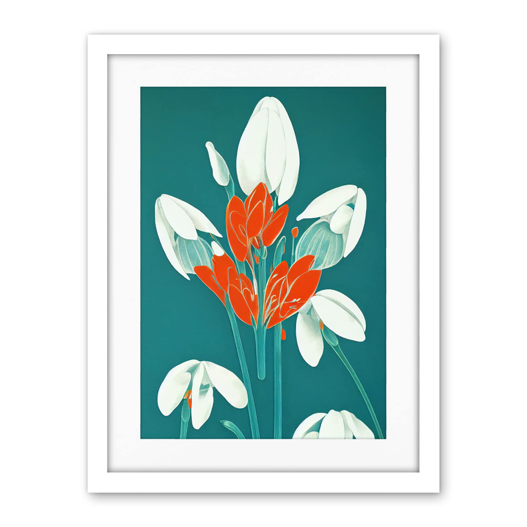 Wee Blue Coo Abstract Snowdrops Red Flowers On Teal Retro Mid Century Style Artwork Framed Wall Art Print 18X24 Inch