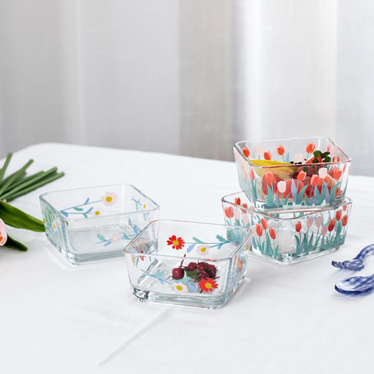 4 Piezas Cuenco de Vidrio Cuadrado Estilo Tulipán, Tazón de Postre Transparente para Snacks y Ensalada, Diseño Chic, Uso en Cocina y Restaurante
