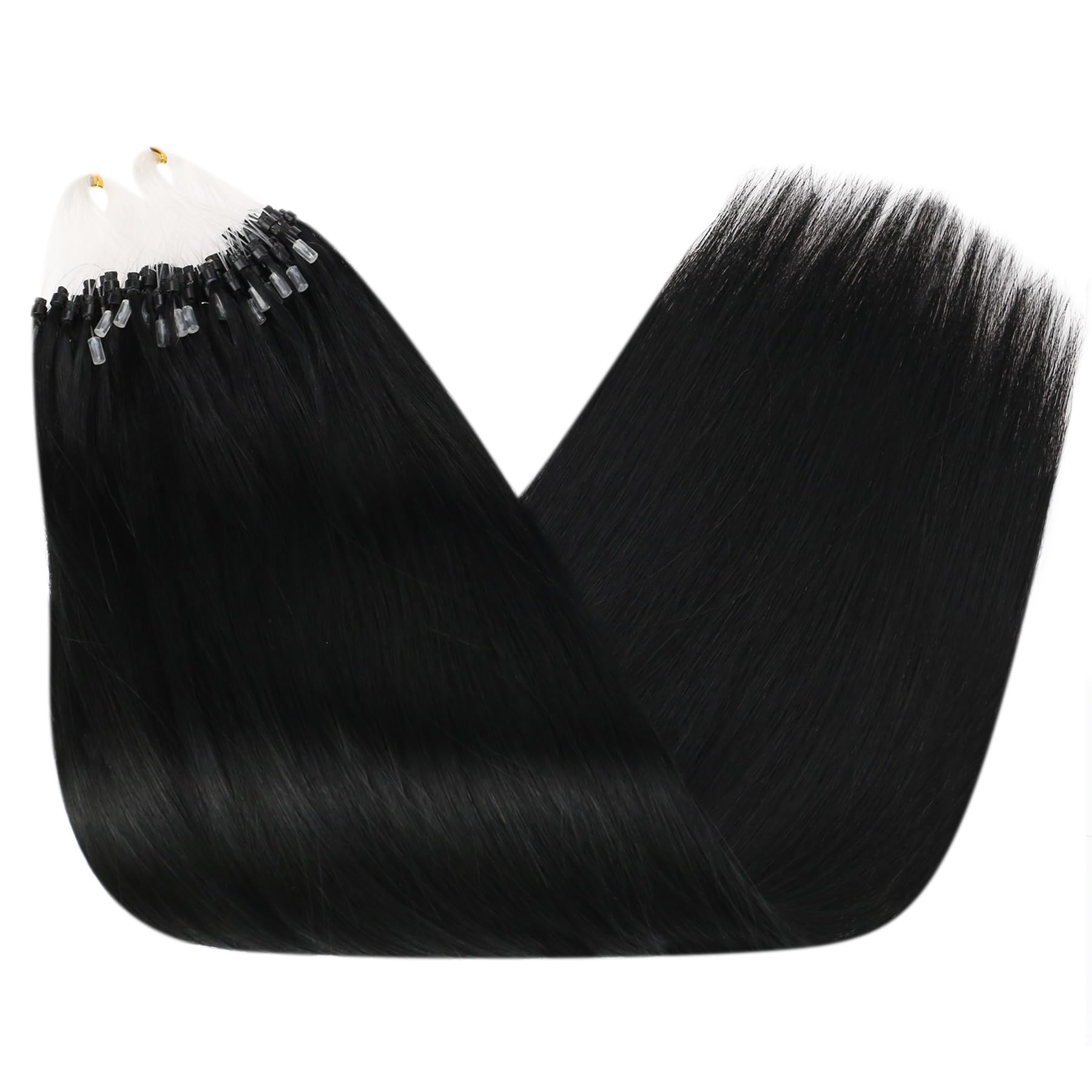 Ugeat Microring Extensions Echthaar Schwarz 55 cm Microring Echthaar Extensions Glatt Schwarz Haarverlängerung Micro Black Remy Haar 50g 50s