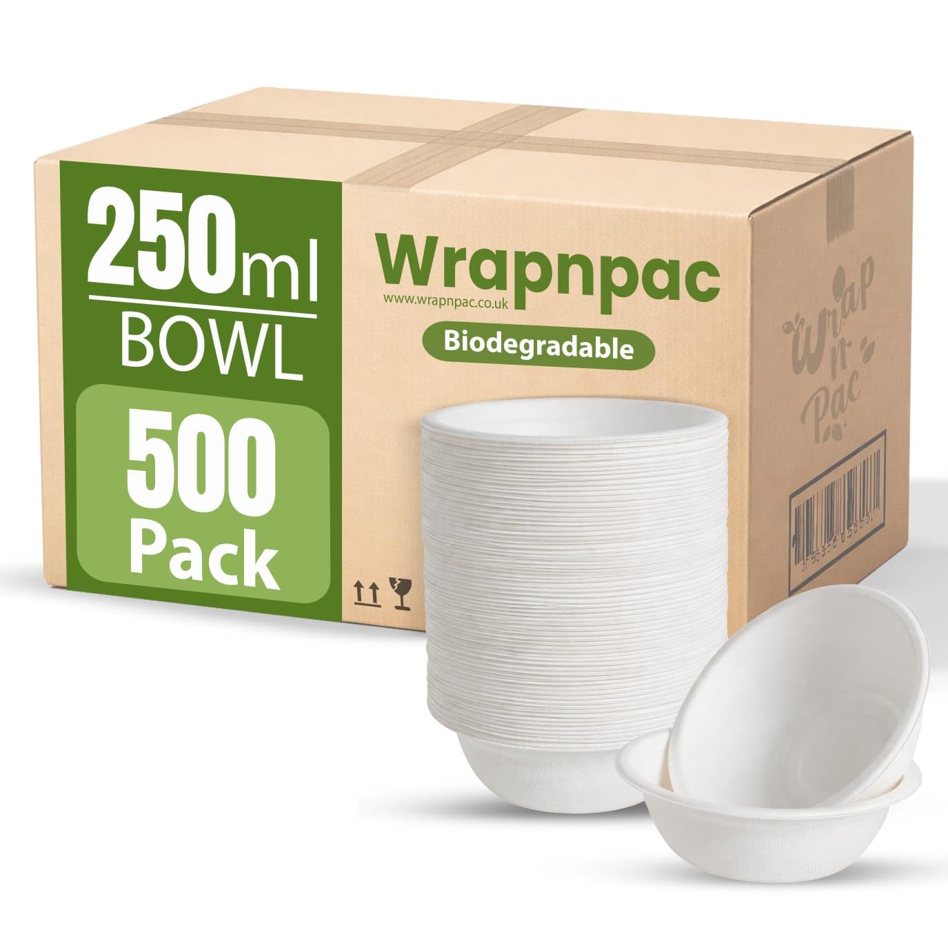 Wrap n Pac Biodegradable Bagasse Bowl 8oz/12oz Compostable, and Environment Friendly Bowl, Leak-Resistant Serving for Hot and Cold use, Microwave and Freezer Safe (500, 250ML)