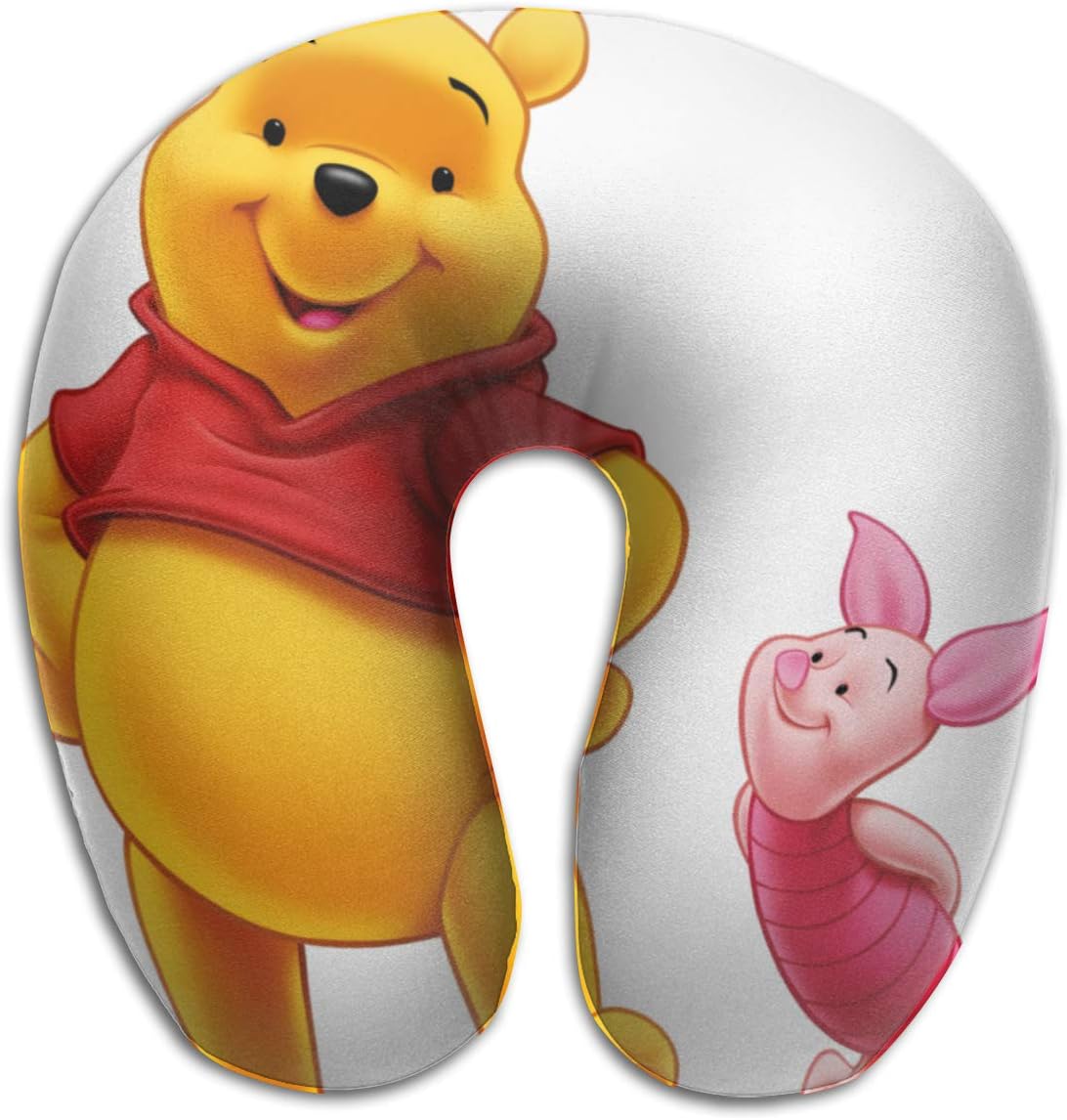 Lingfuying Winnie-The-Pooh Travel Pillow Memory Foam, Head Neck Support Pillow for Airplane, Car, Office, with Attachable Snap Strap Soft Washable Cover