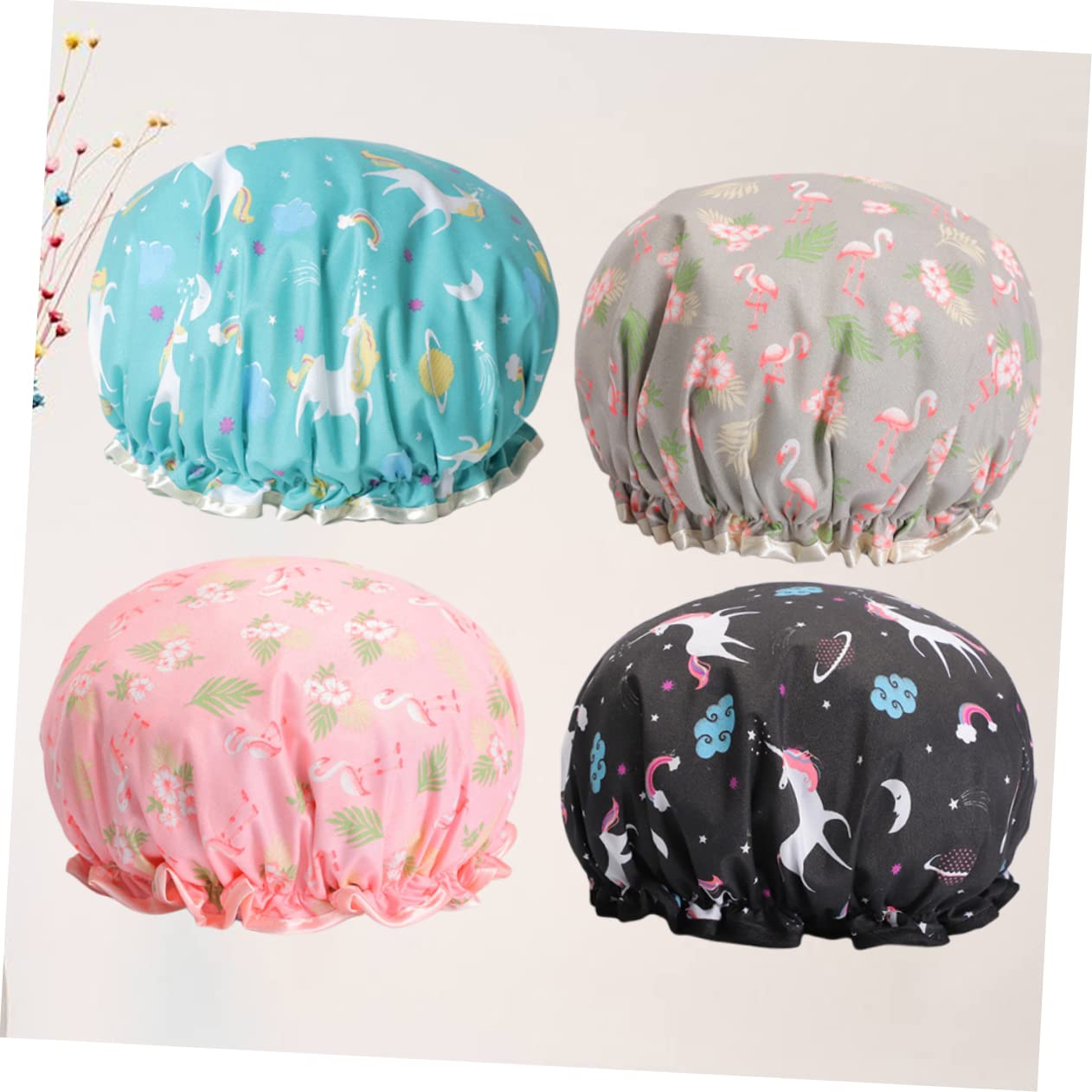 DOITOOL 8stücke Cartoon Duschhauben Doppellagige Elastische Badekappen Für Frauen Für Spa Reisen Und Duschen Flamingo Pegasus Design