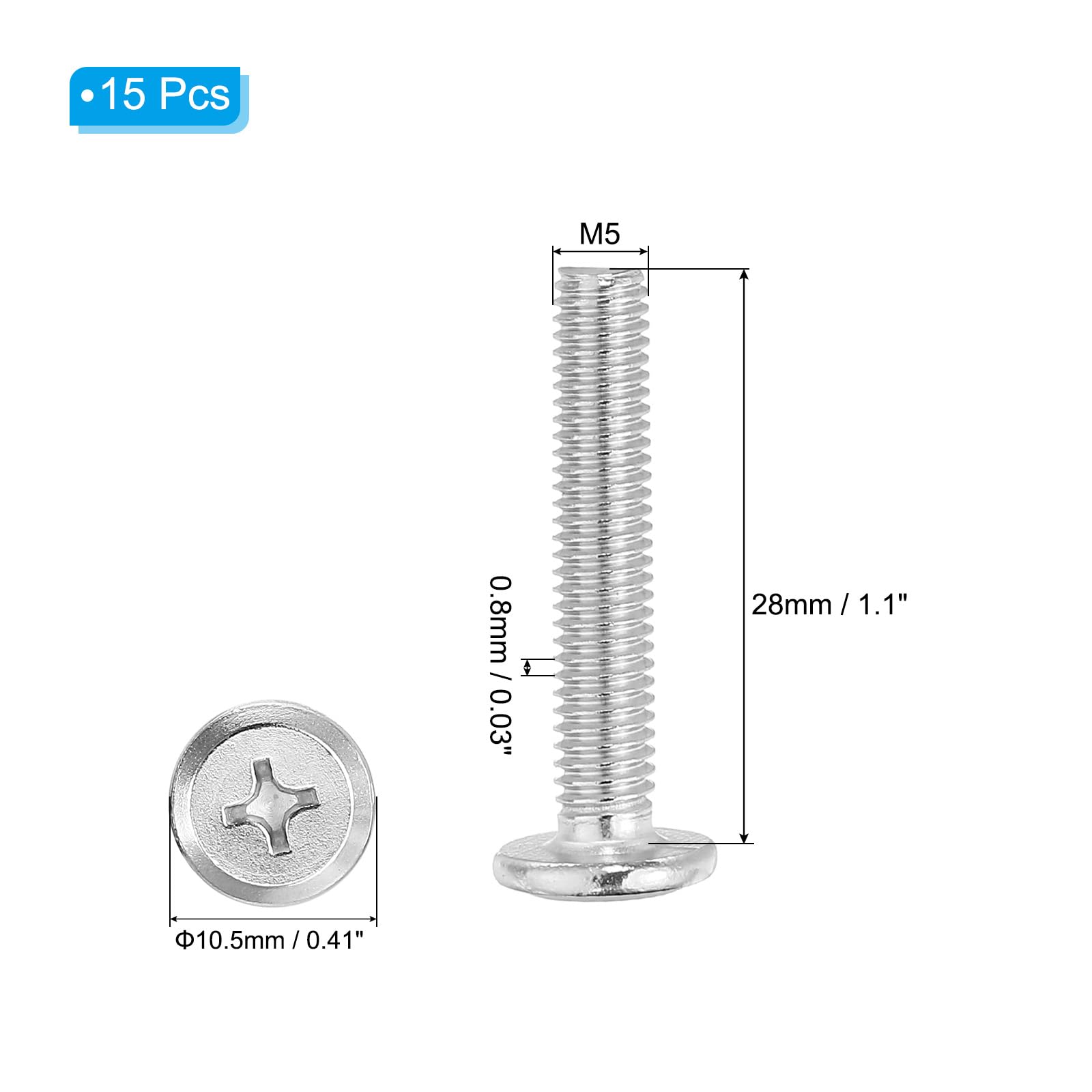 PATIKIL Round Head Phillips Screws, 15 Pack M5-0.8 x 28mm 304 Stainless Steel 18-8 Full Thread - Image 2